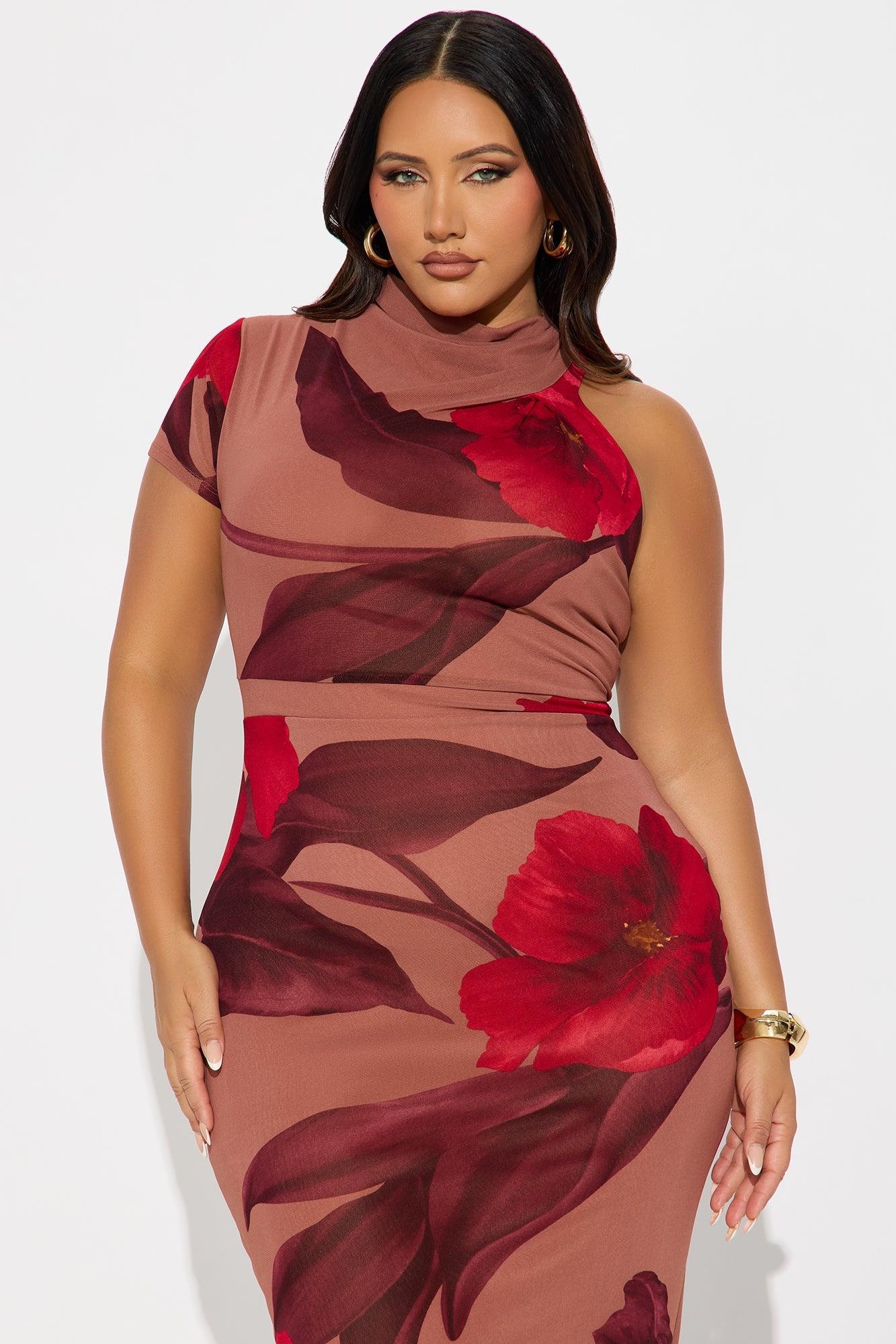 Celene Floral Mesh Short Sleeve Dress - Brown/combo