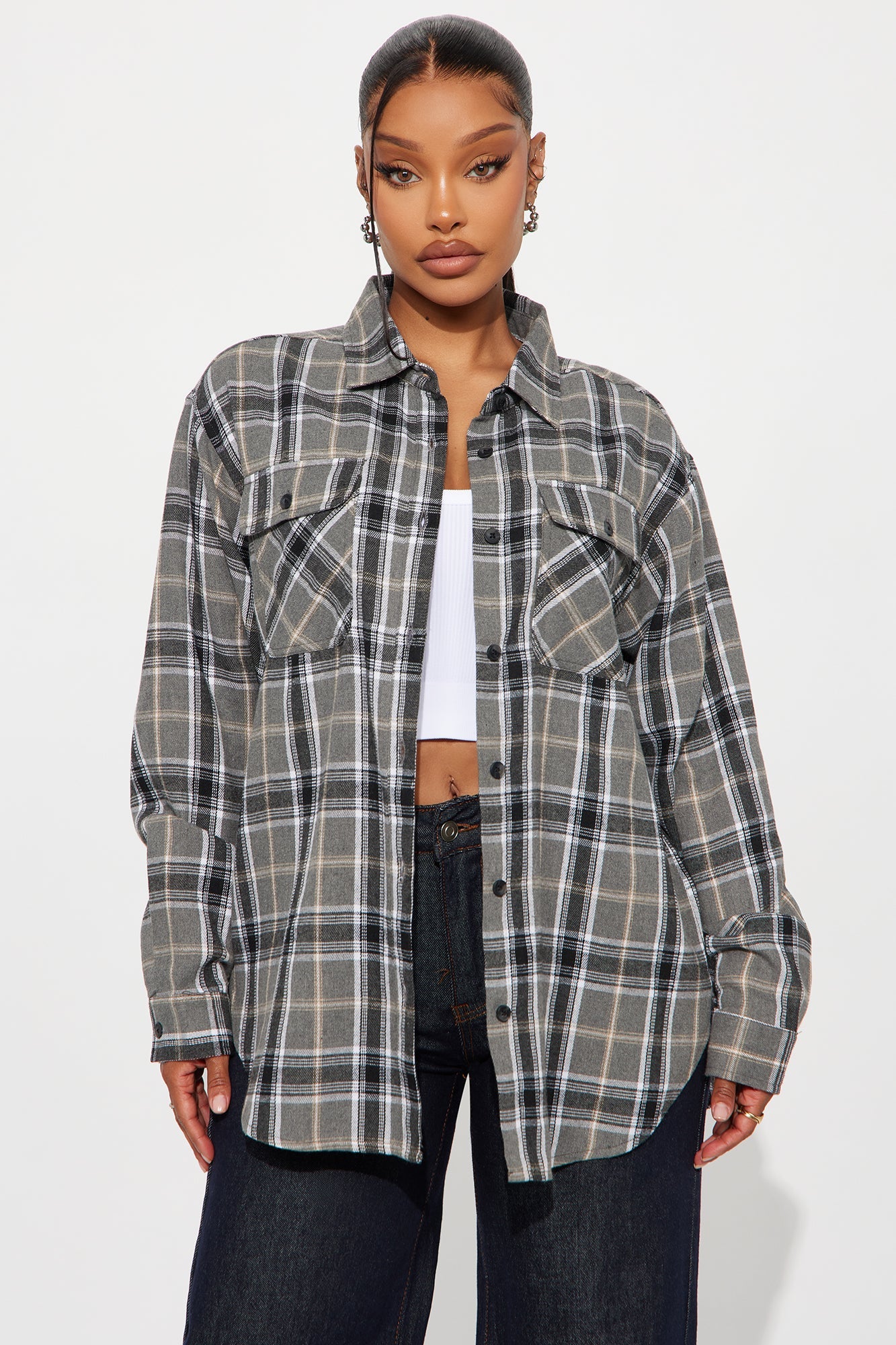 Pull Up Flannel Plaid Shirt - Grey/combo