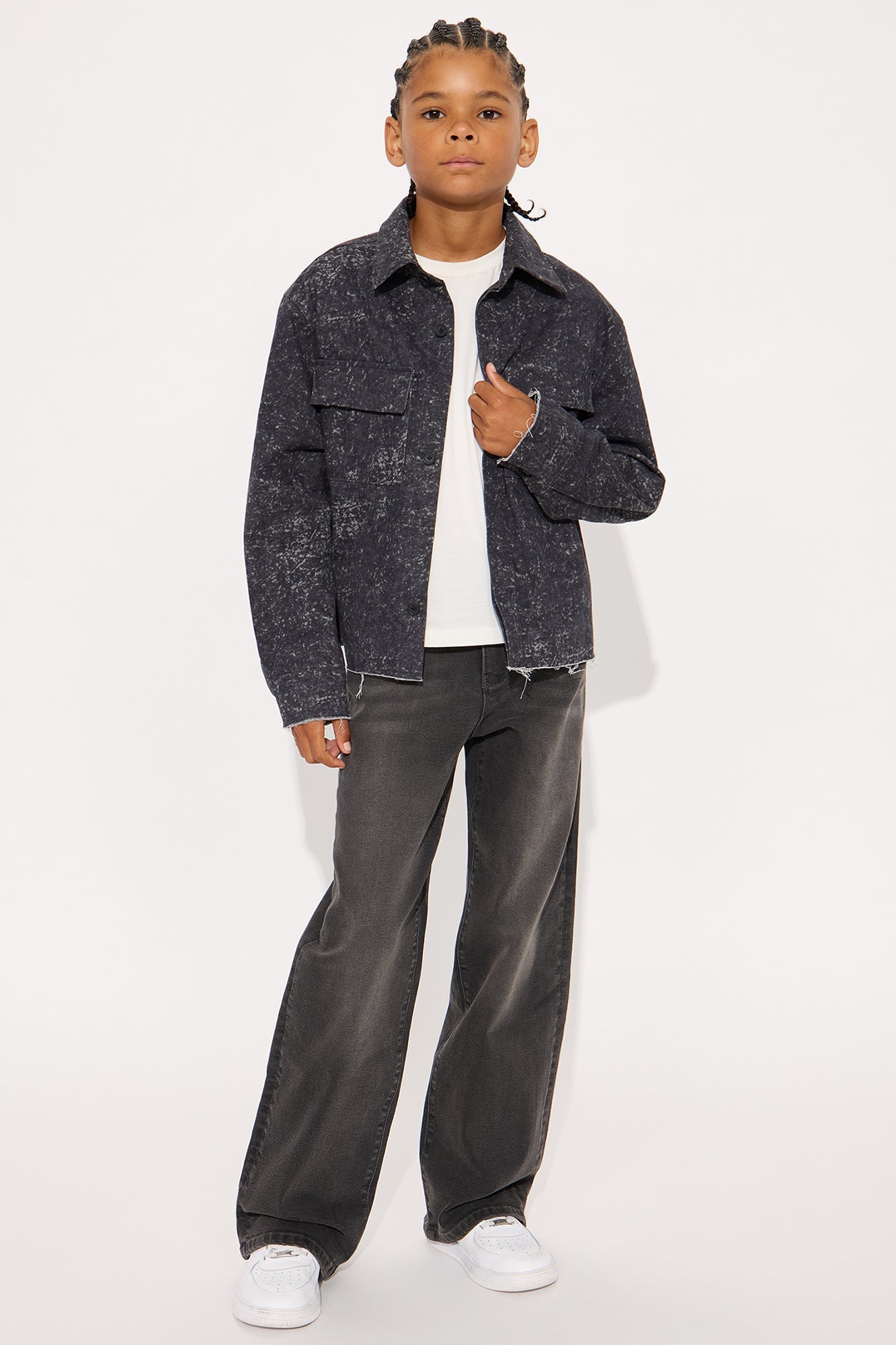 Mini Cropped Raw Hem Long Sleeve Button Up Shirt - Black