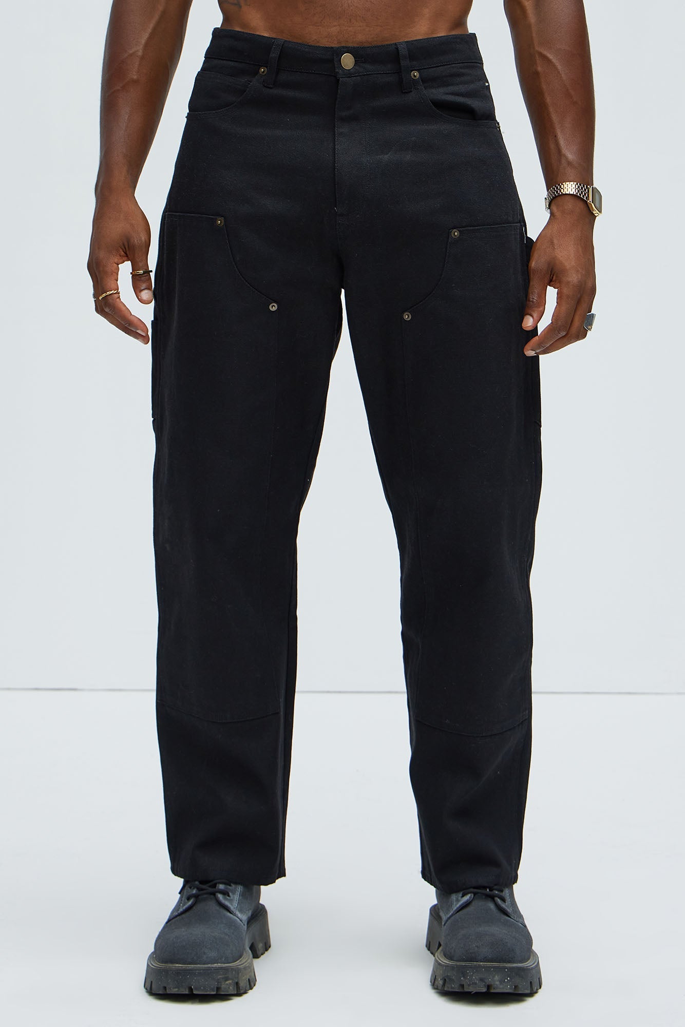 Alexander Double Knee Straight Utility Canvas Pants - Black