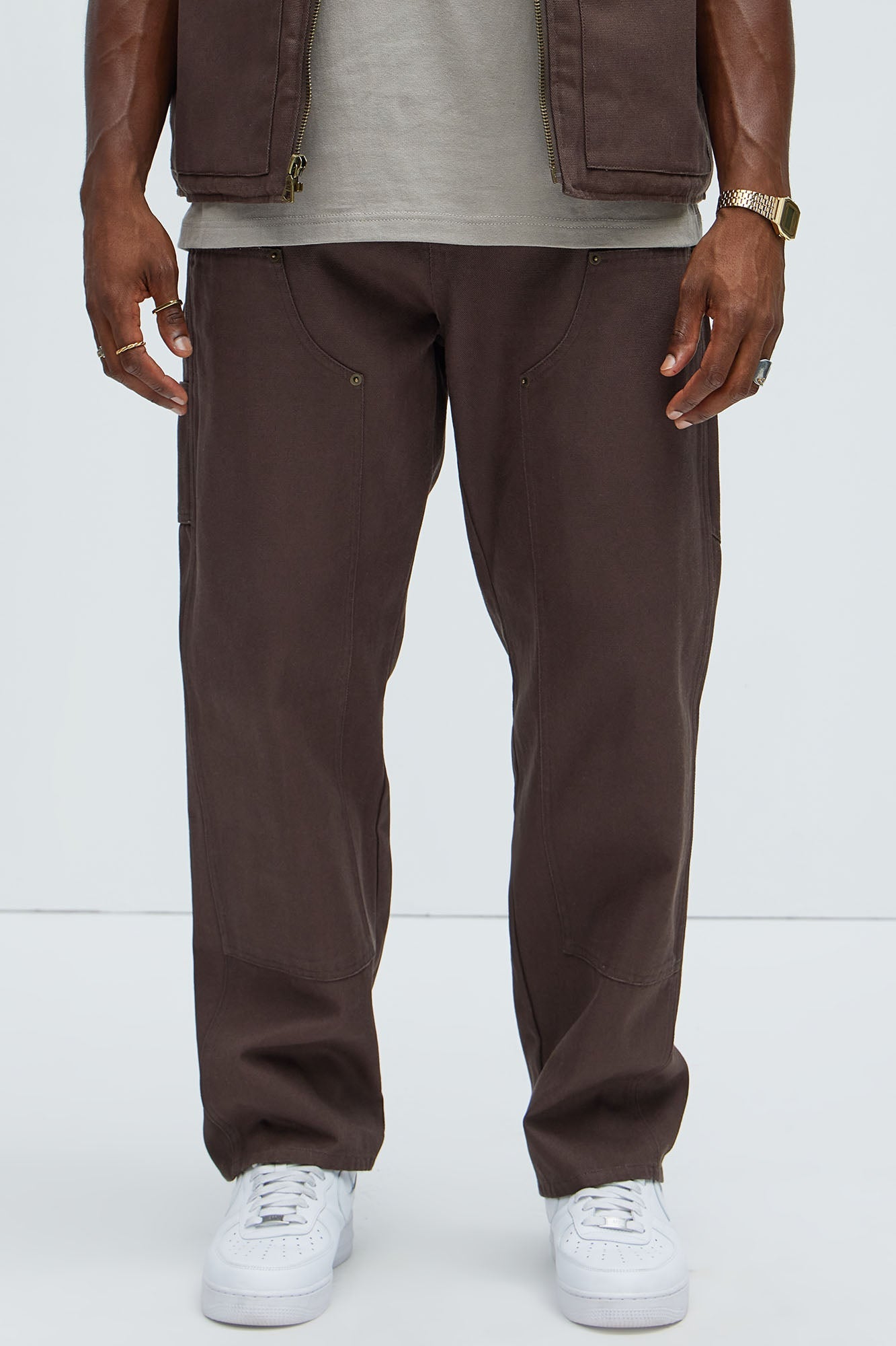 Alexander Double Knee Straight Utility Canvas Pants - Brown