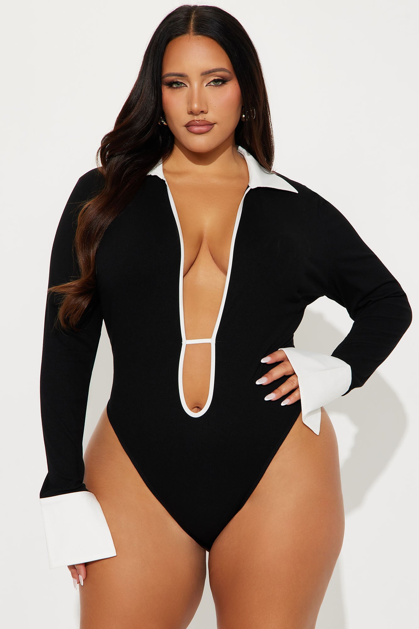 Jalynn Ribbed Long Sleeve Bodysuit - Black/White