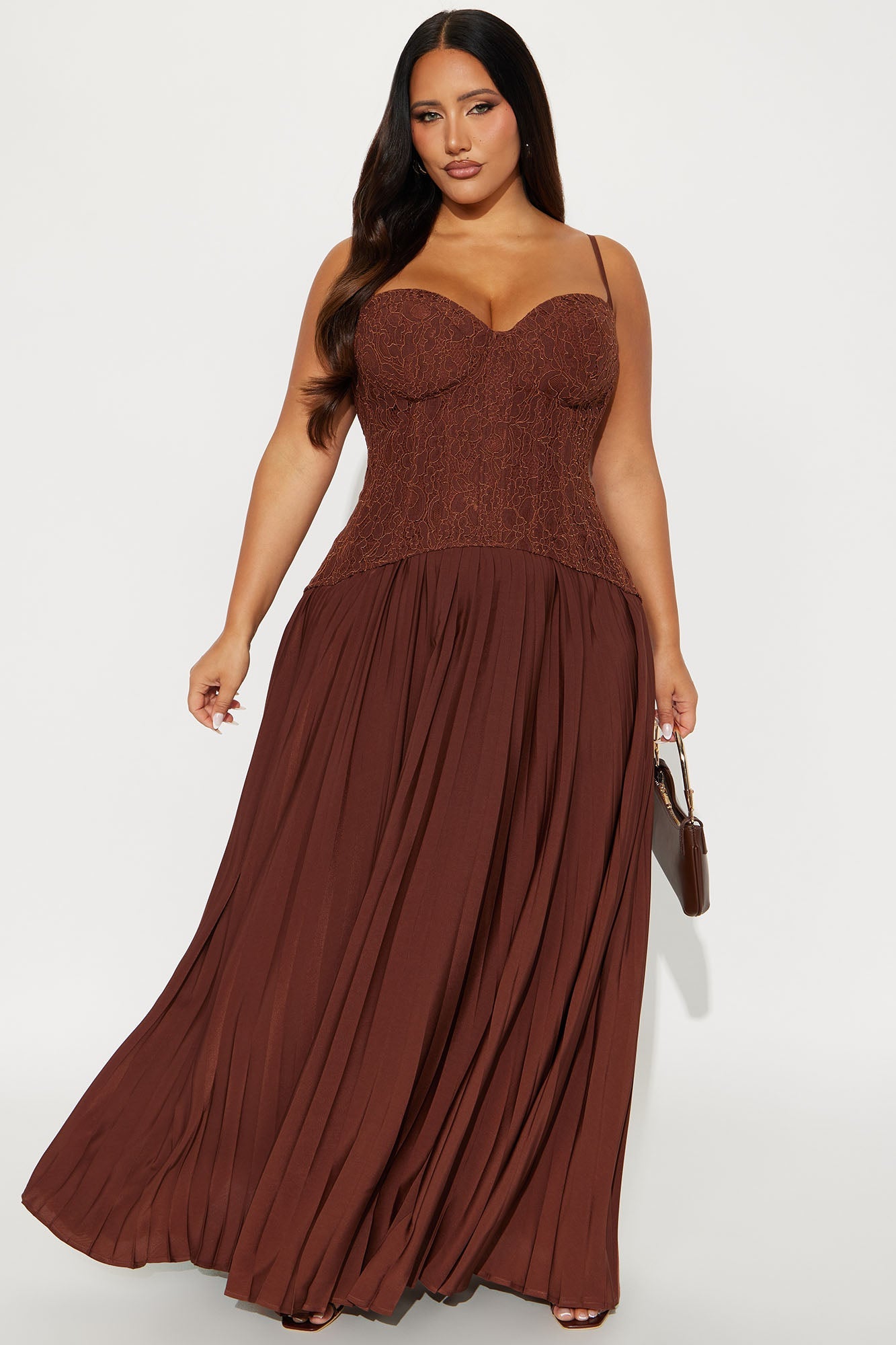 Daniella Lace Corset Pleated Maxi Dress - Chocolate