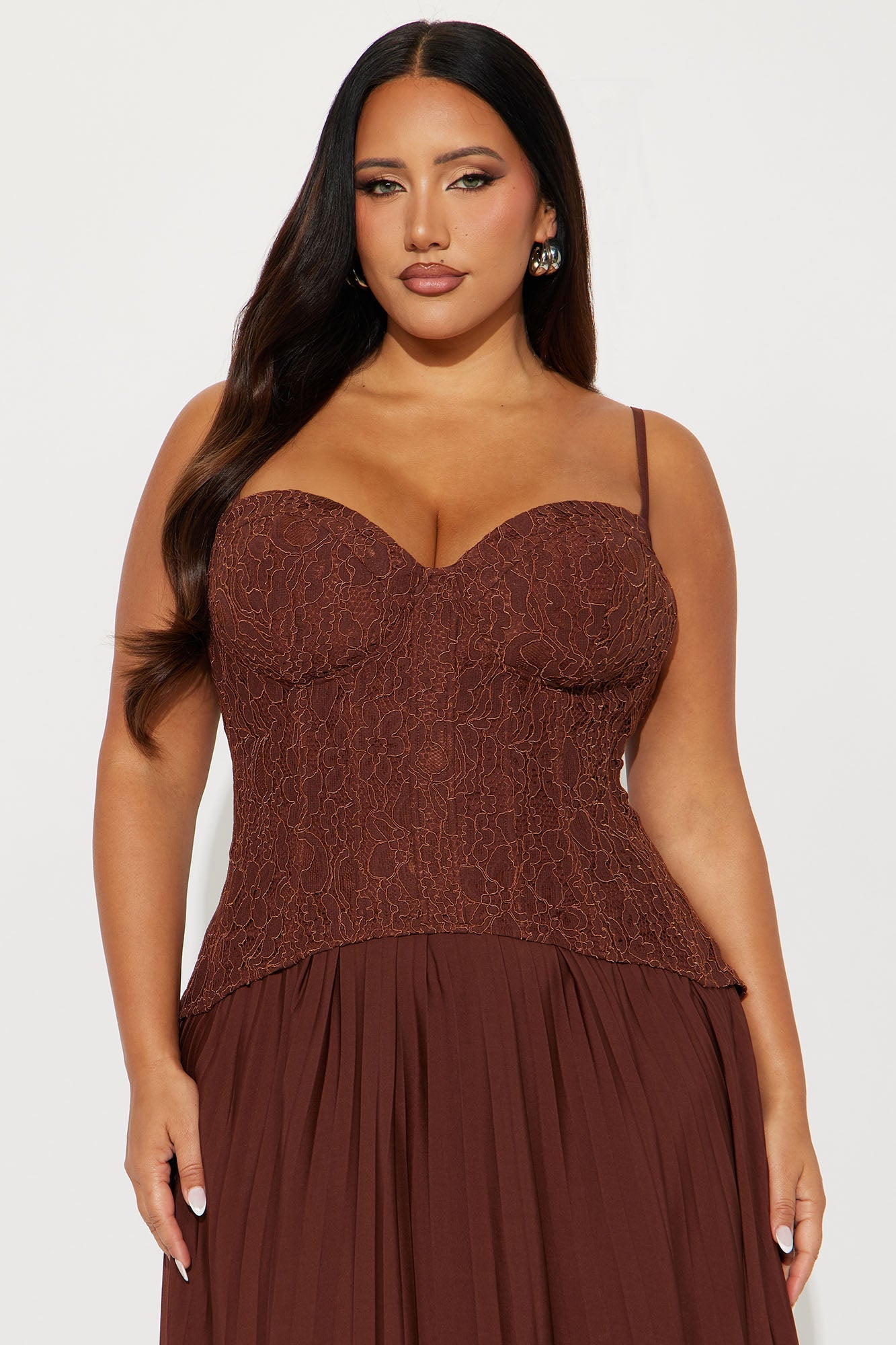 Daniella Lace Corset Pleated Maxi Dress - Chocolate
