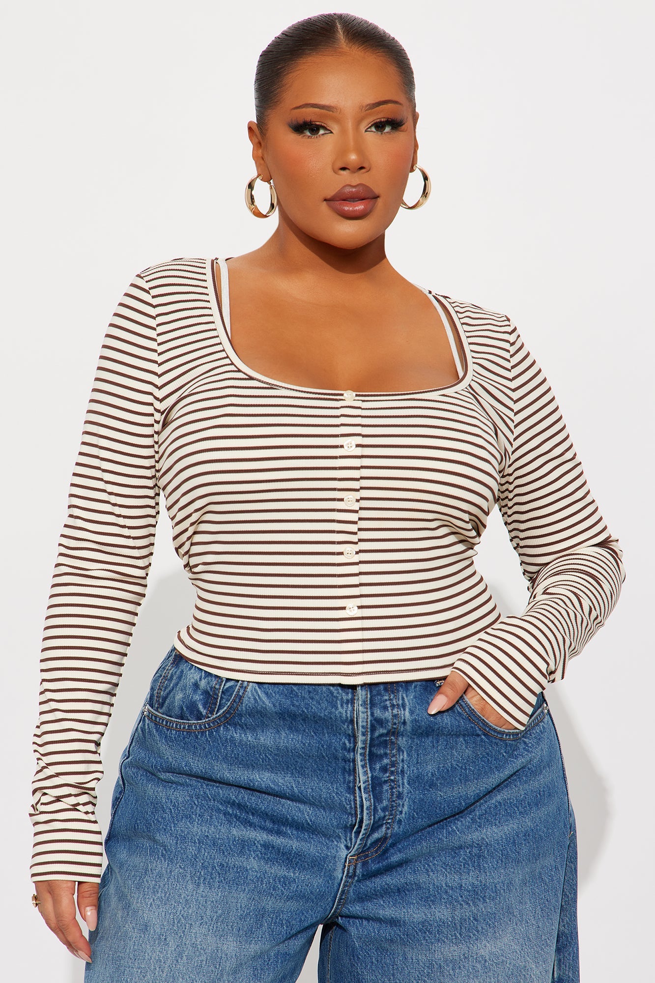 Channa Striped Ribbed Long Sleeve Top - Burgundy/combo