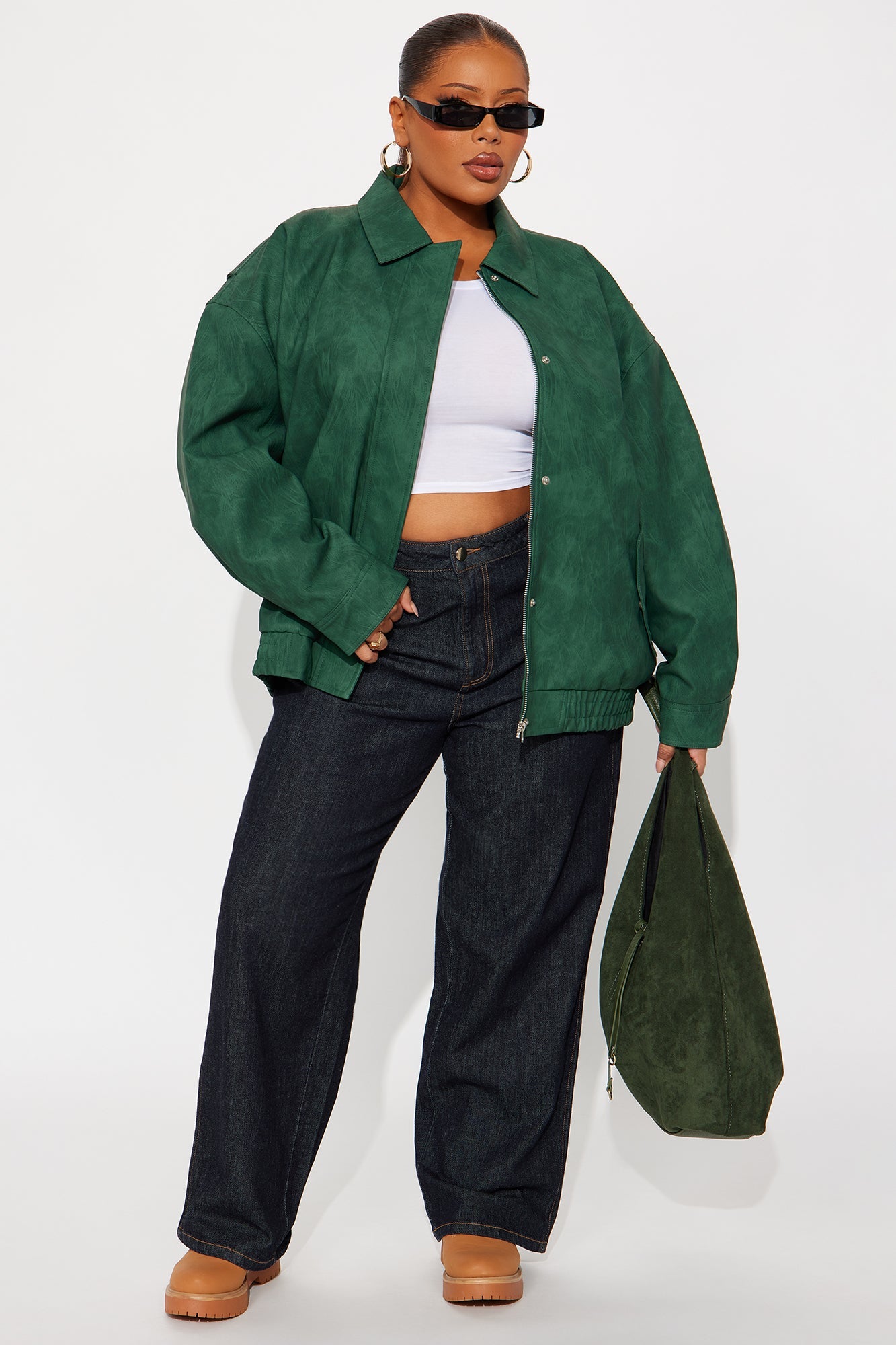 Alexis Washed Faux Leather Bomber Jacket - Hunter Green