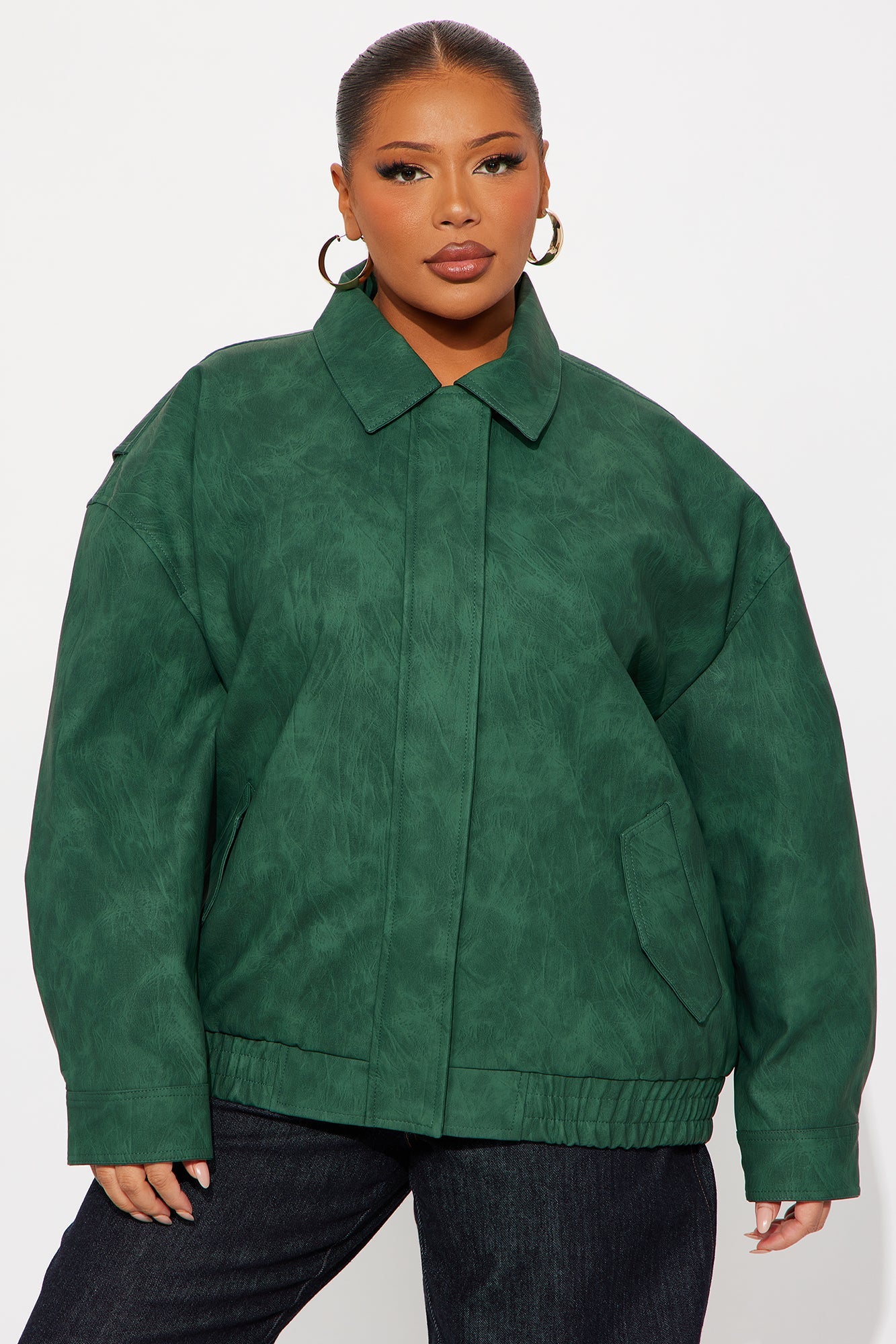 Alexis Washed Faux Leather Bomber Jacket - Hunter Green
