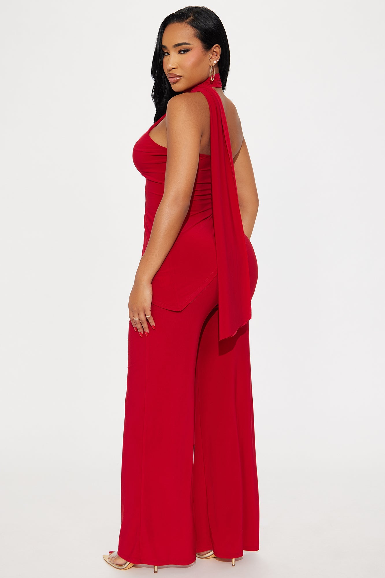 Valeria Asymmetrical Scarf Halter Pant Set - Red