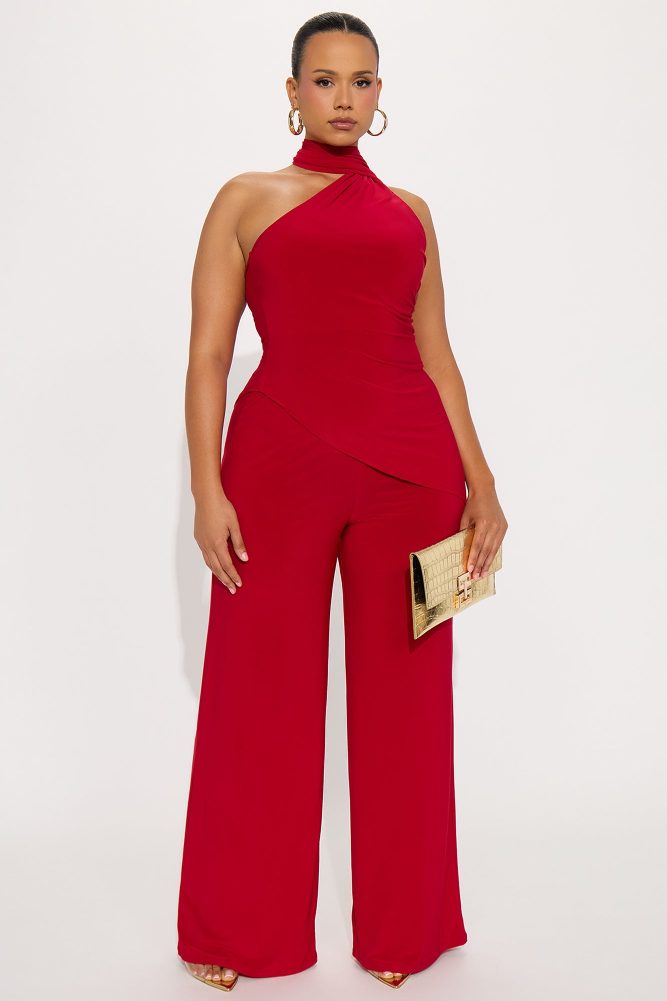 Valeria Asymmetrical Scarf Halter Pant Set - Red