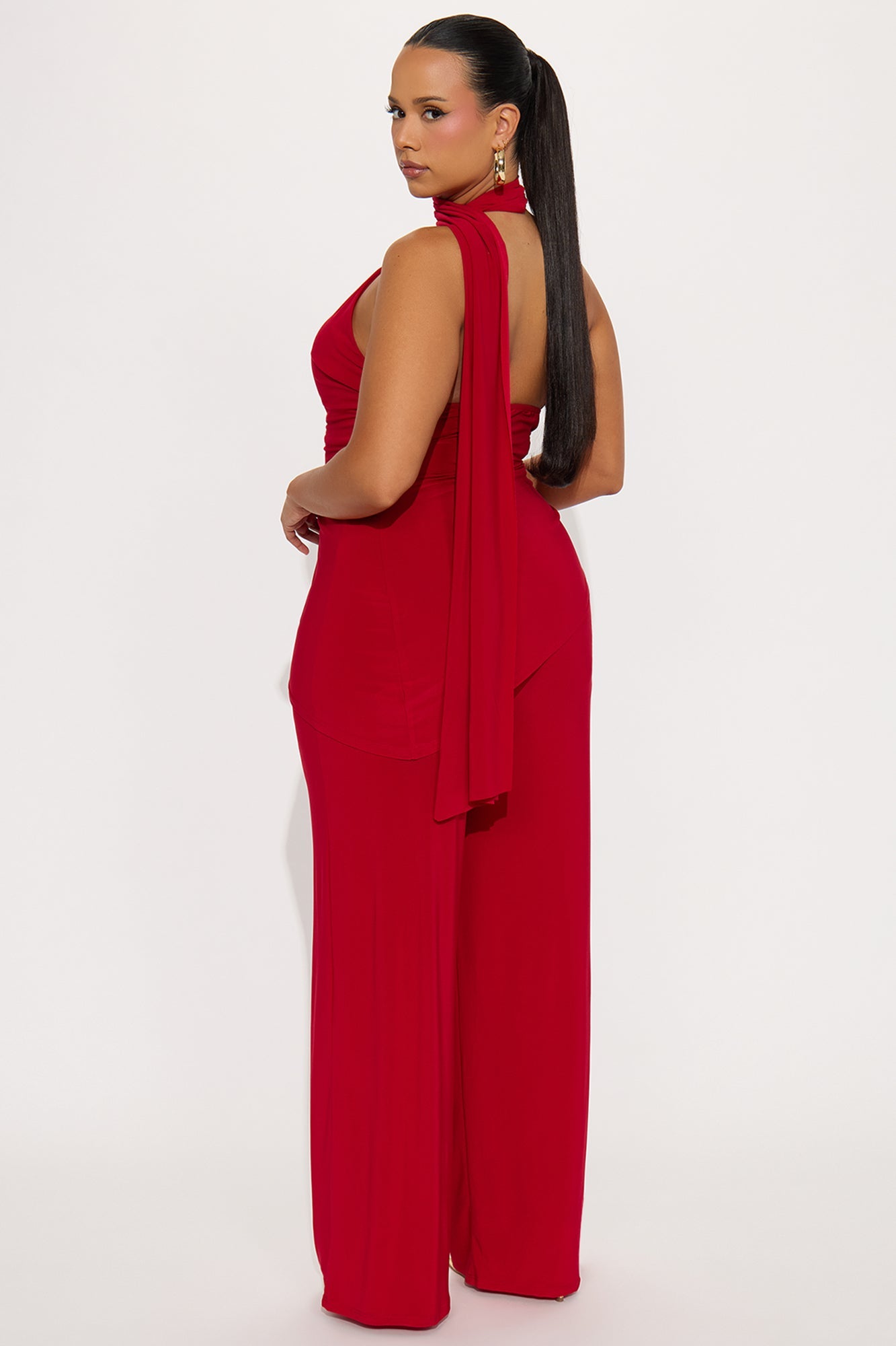 Valeria Asymmetrical Scarf Halter Pant Set - Red