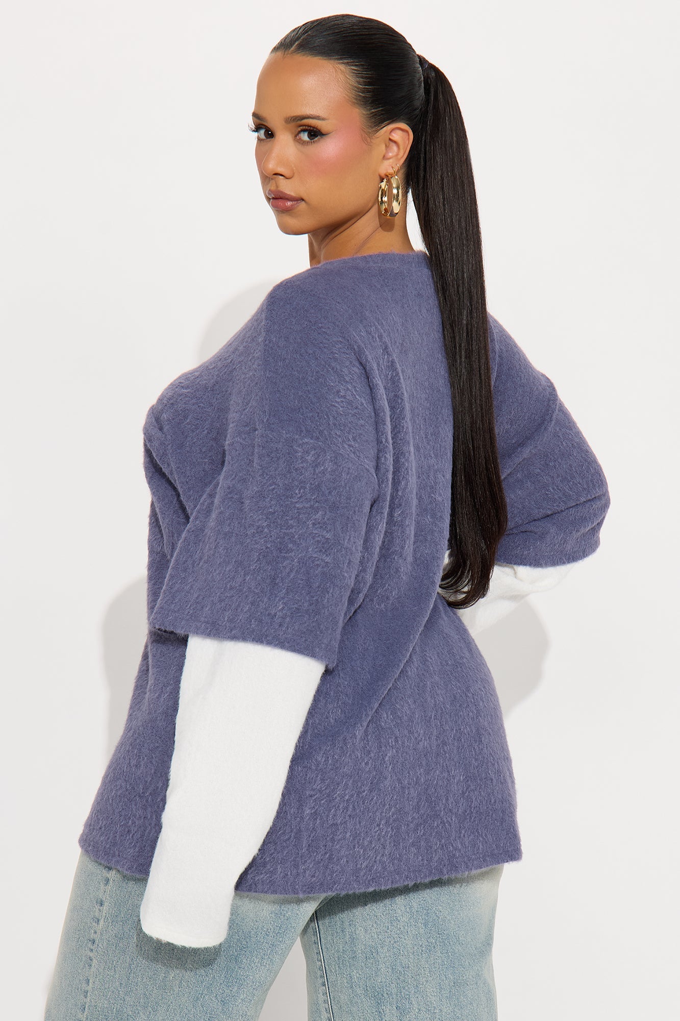 For The Thrill Layered Fuzzy Sweater - Navy/combo