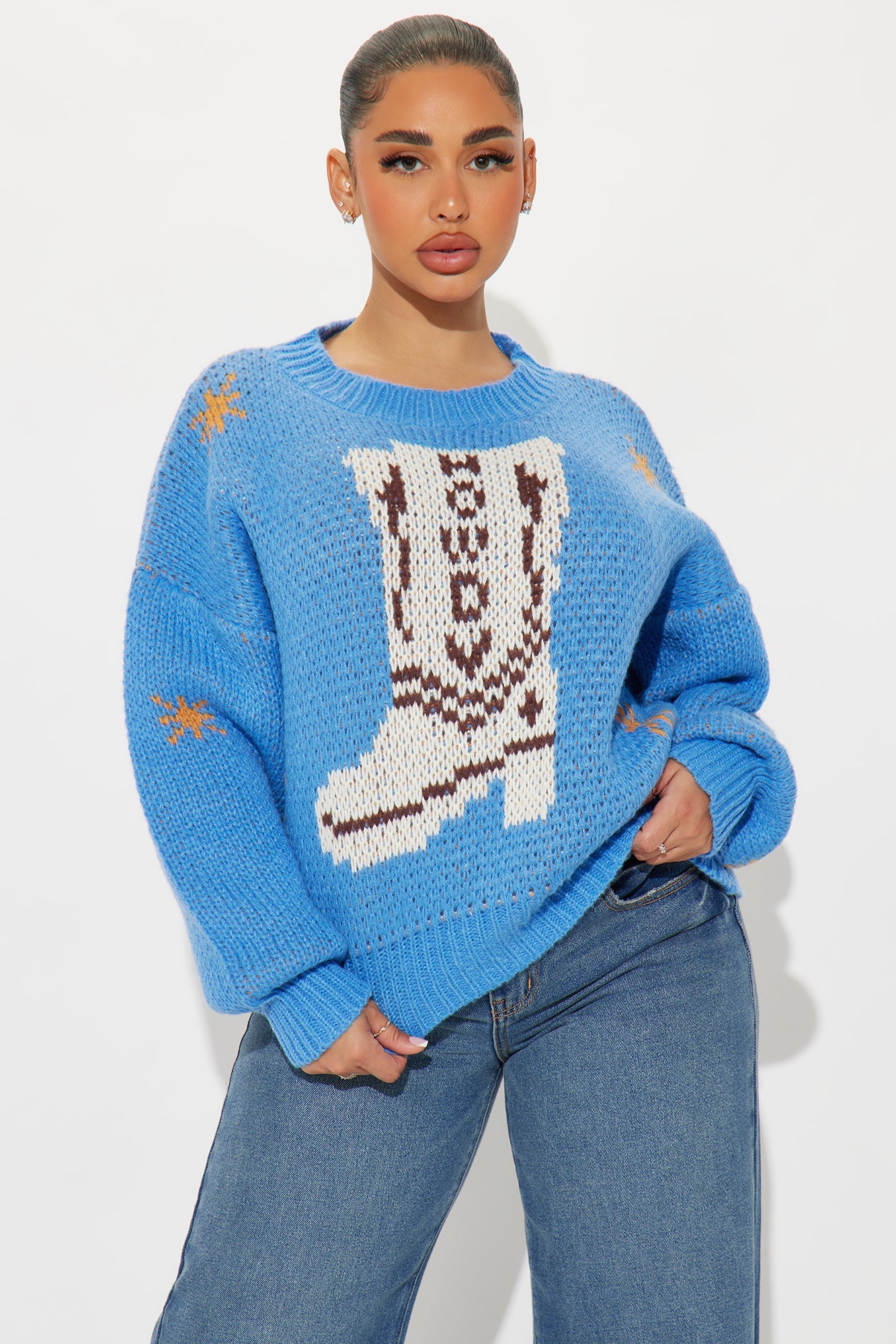 Howdy Cowboy Boot Sweater - Blue/combo