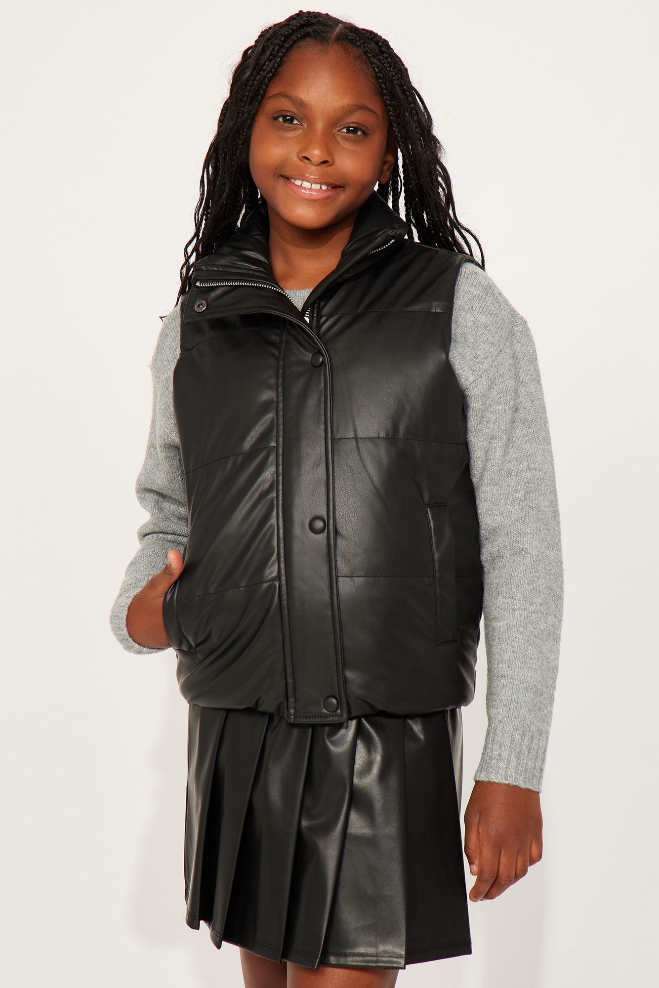 Mini Vixen Faux Leather Puffer Vest II - Black