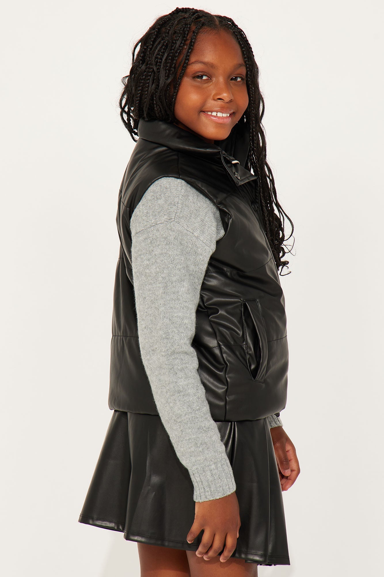 Mini Vixen Faux Leather Puffer Vest II - Black