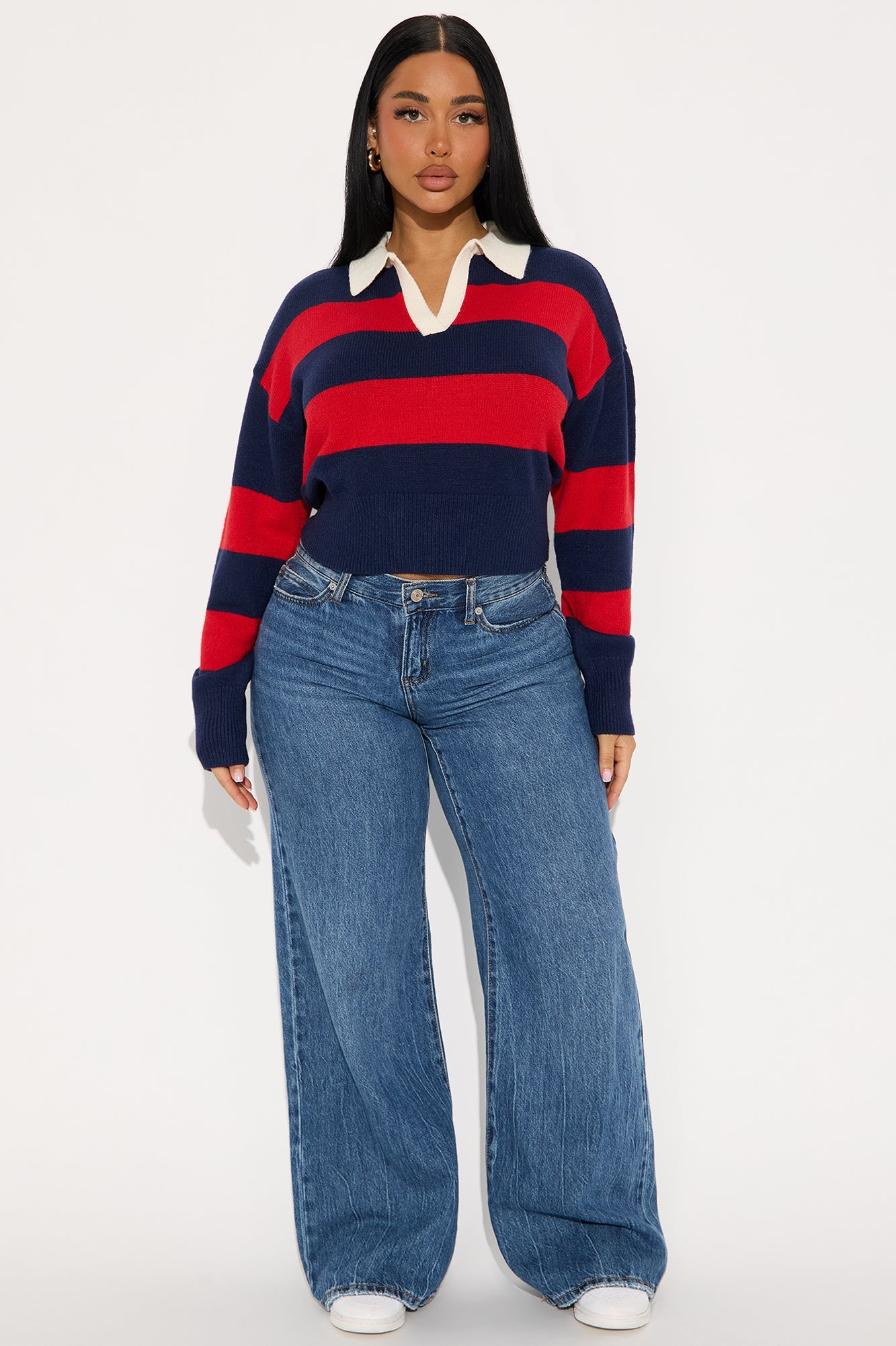 Amara Rugby Stripe Polo Sweater - Navy/Red