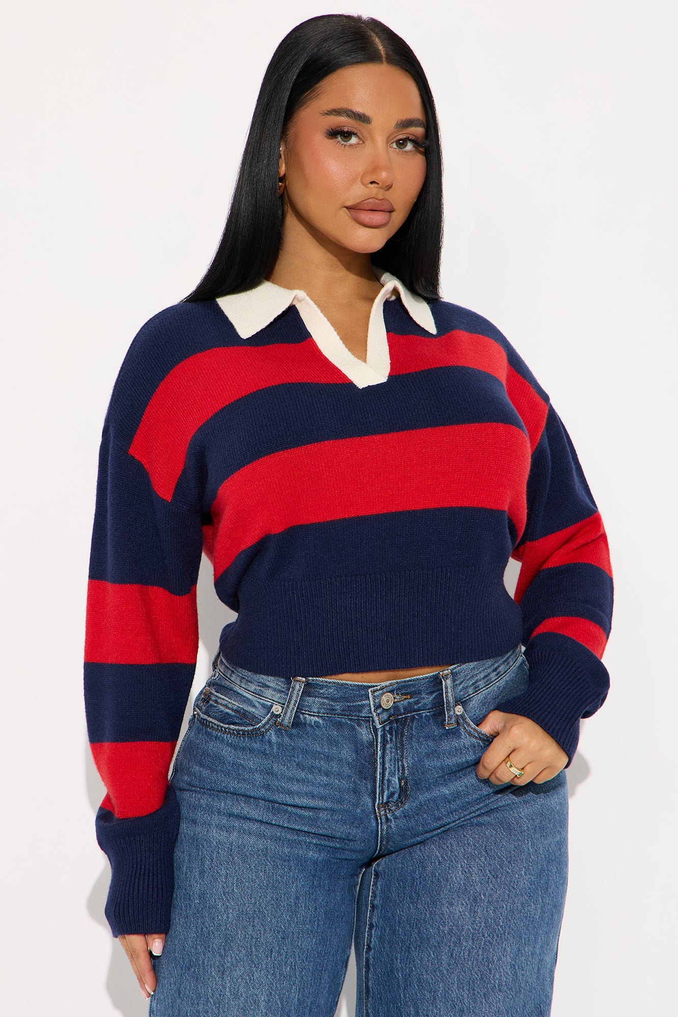 Amara Rugby Stripe Polo Sweater - Navy/Red