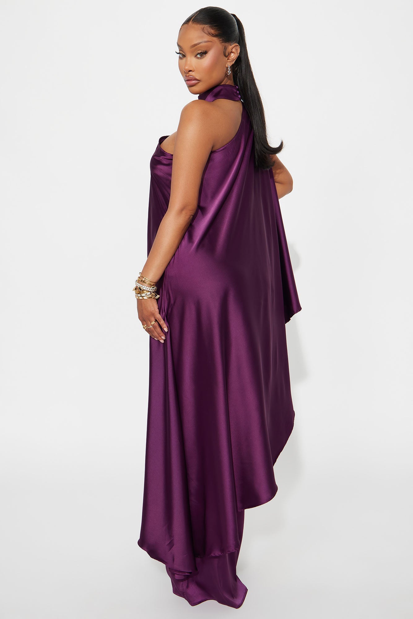 Solana Satin One Shoulder Draped Pant Set - Eggplant