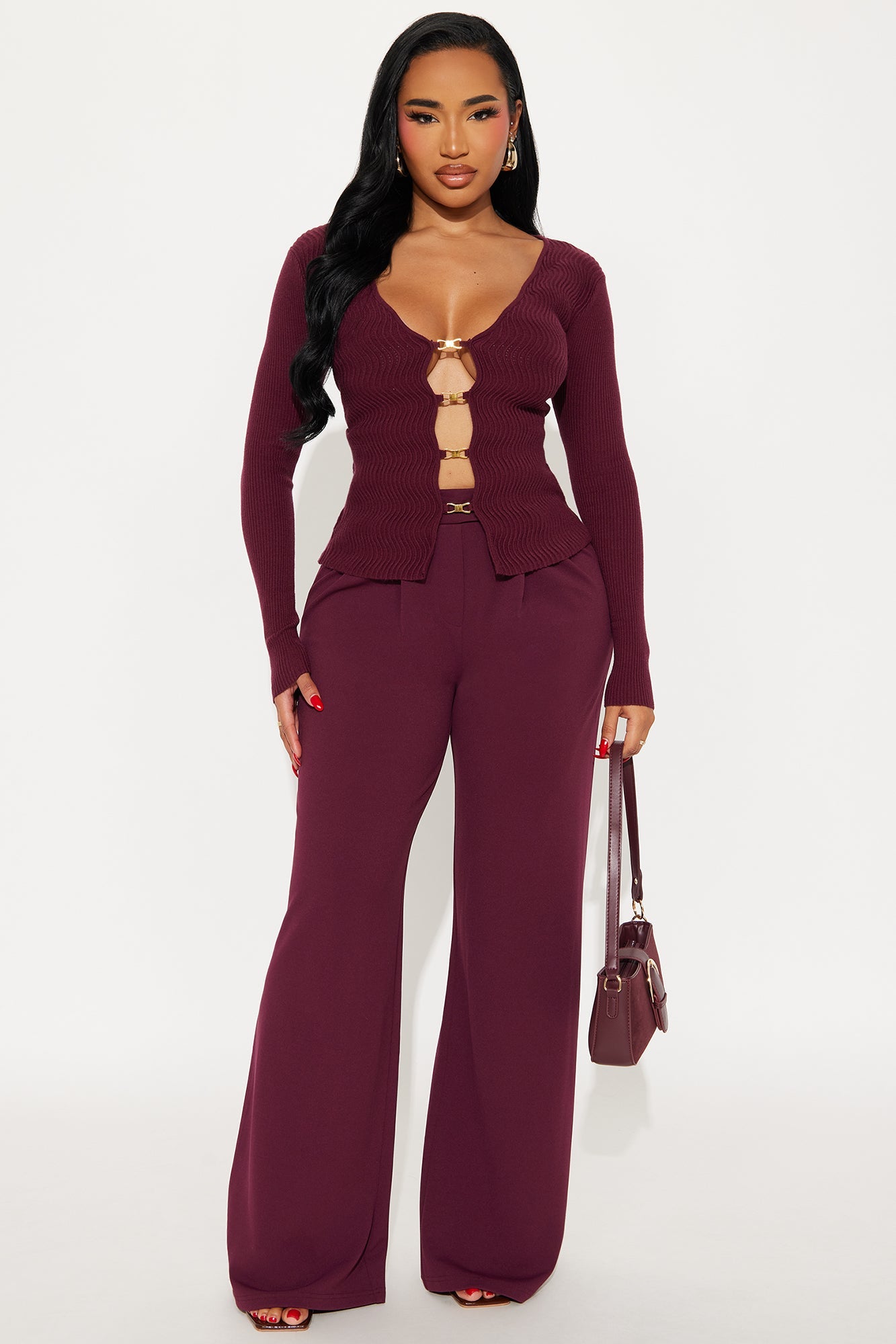 Gabby Textured Buckle Sweater Top - Wine