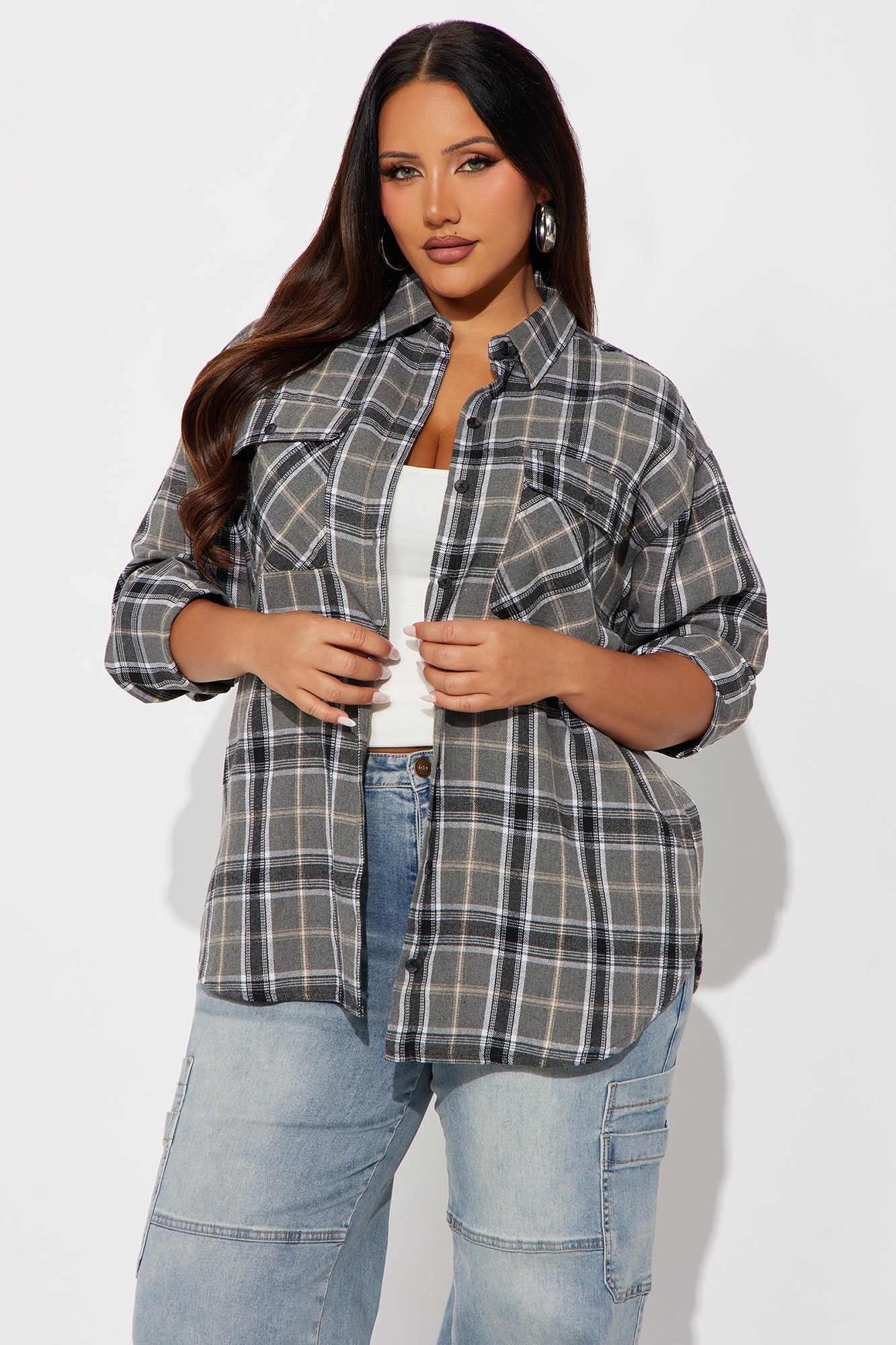 Pull Up Flannel Plaid Shirt - Grey/combo
