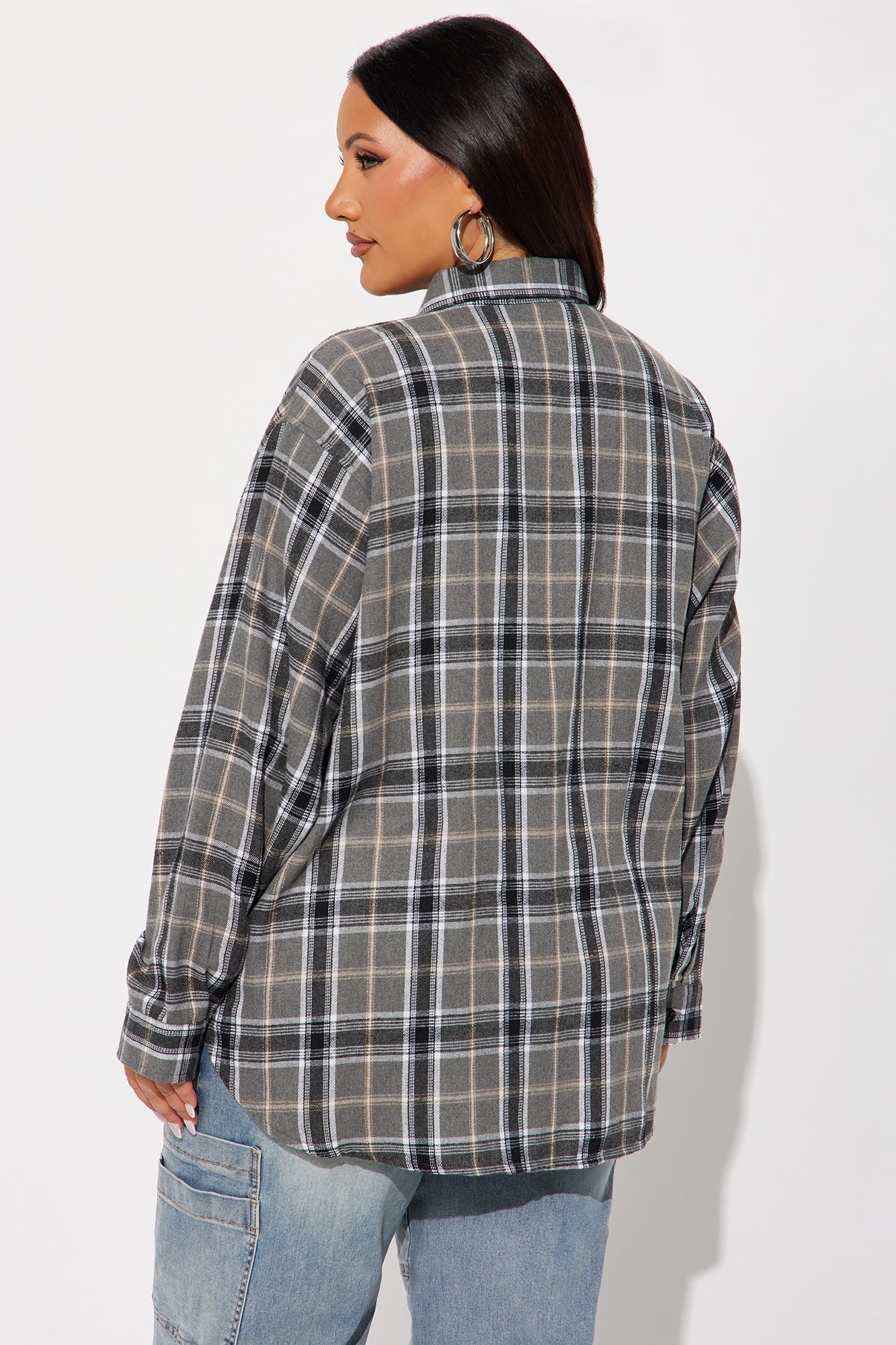 Pull Up Flannel Plaid Shirt - Grey/combo