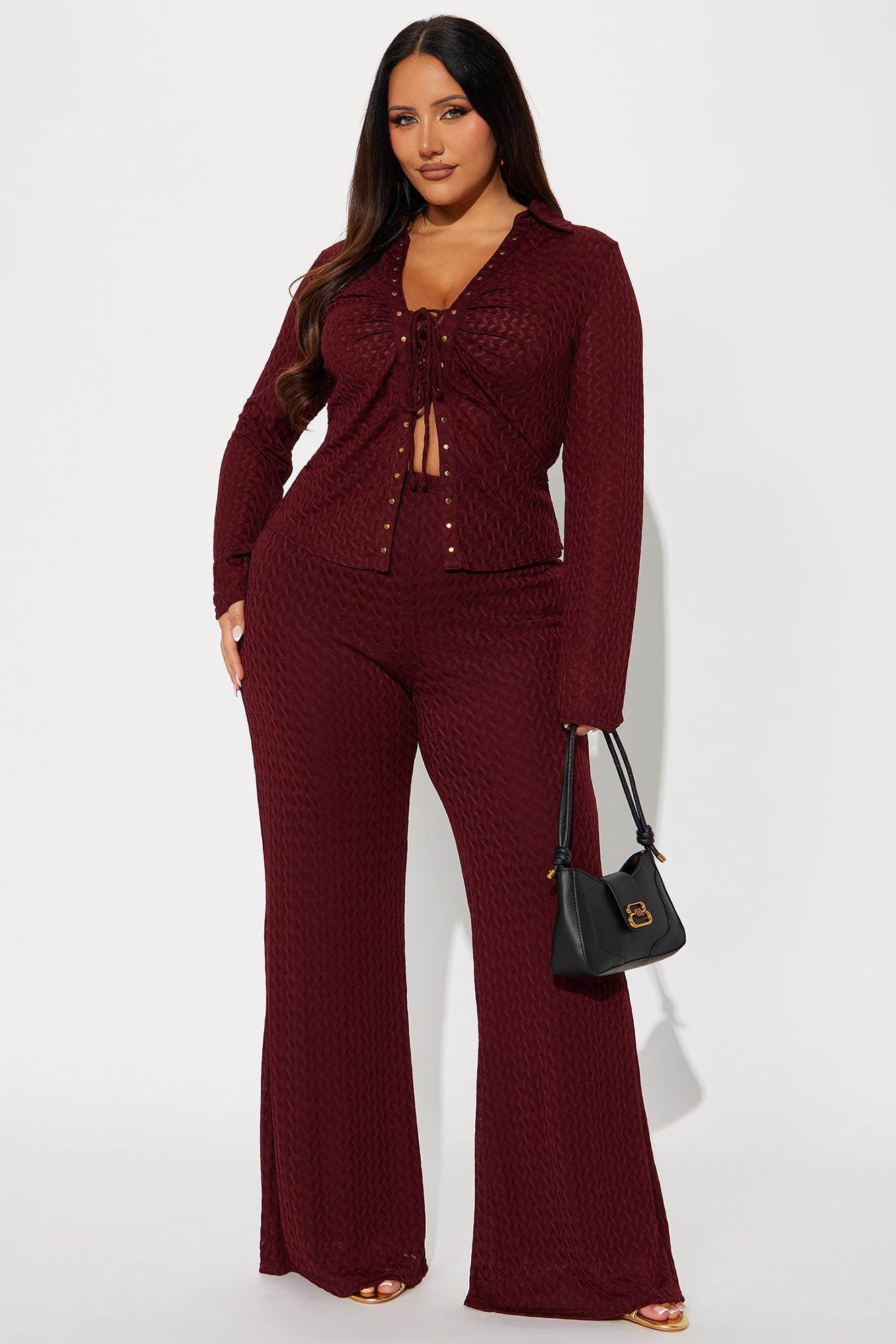 Taking It Back Textured Mesh Pant Set - Wine