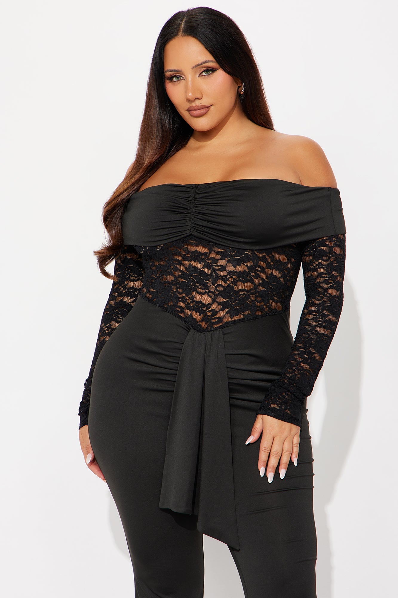 Hands On Lace Off Shoulder Jumpsuit - Black