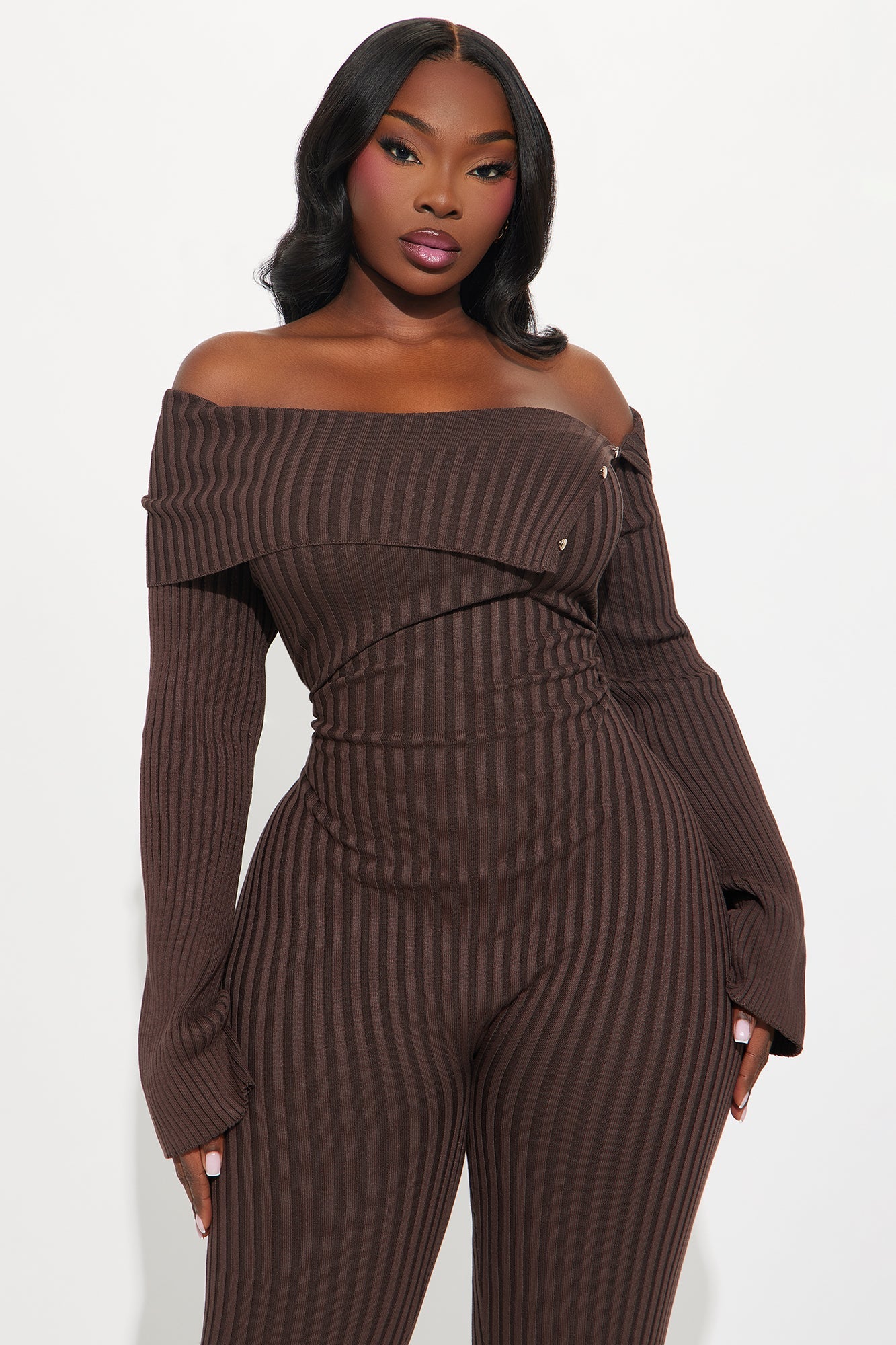Melina Sweater Off Shoulder Skinny Leg Jumpsuit - Chocolate
