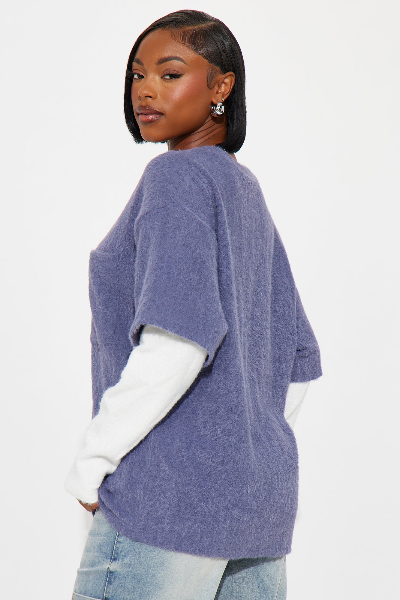 For The Thrill Layered Fuzzy Sweater - Navy/combo