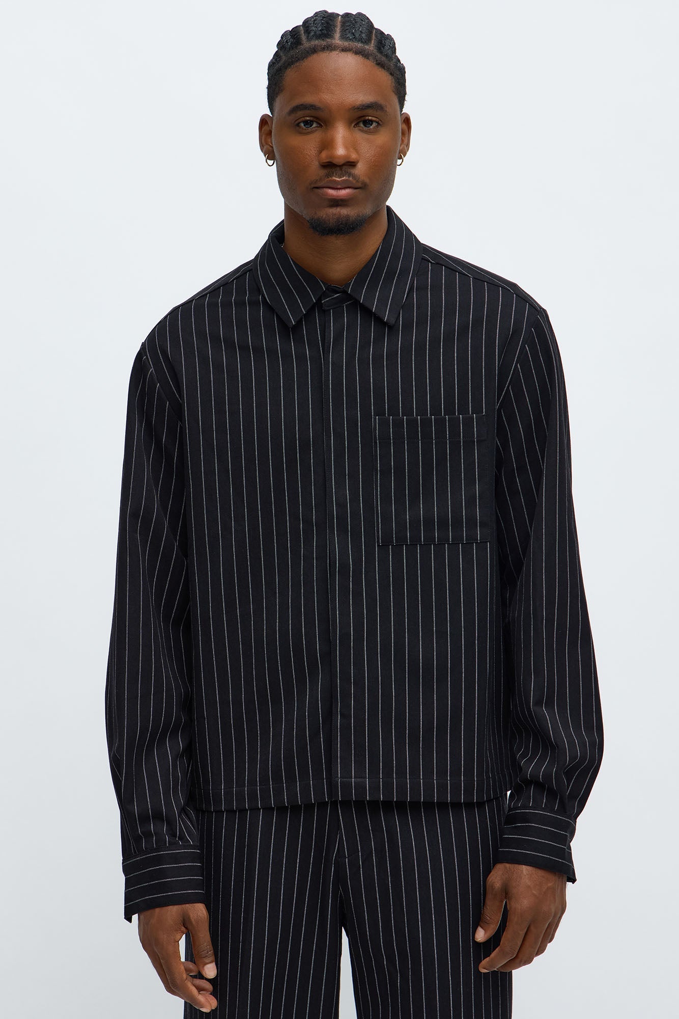 Cropped Striped Button Up Shirt - Black