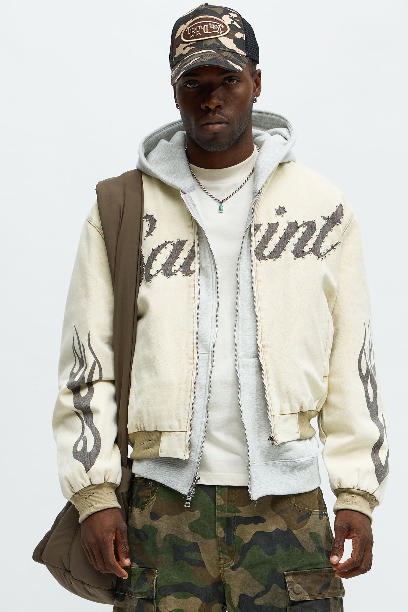 Oversized Studded Saint Utility Bomber Jacket - Stone/Combo