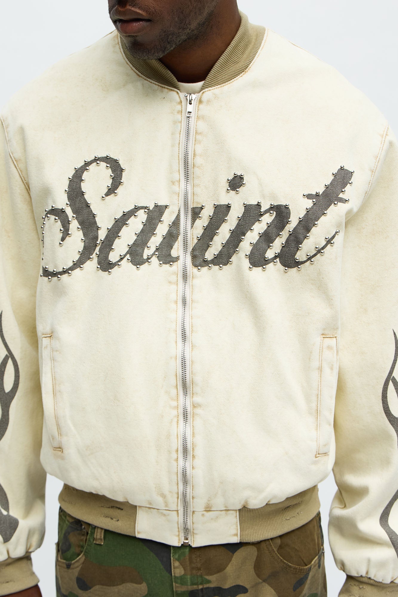 Oversized Studded Saint Utility Bomber Jacket - Stone/Combo