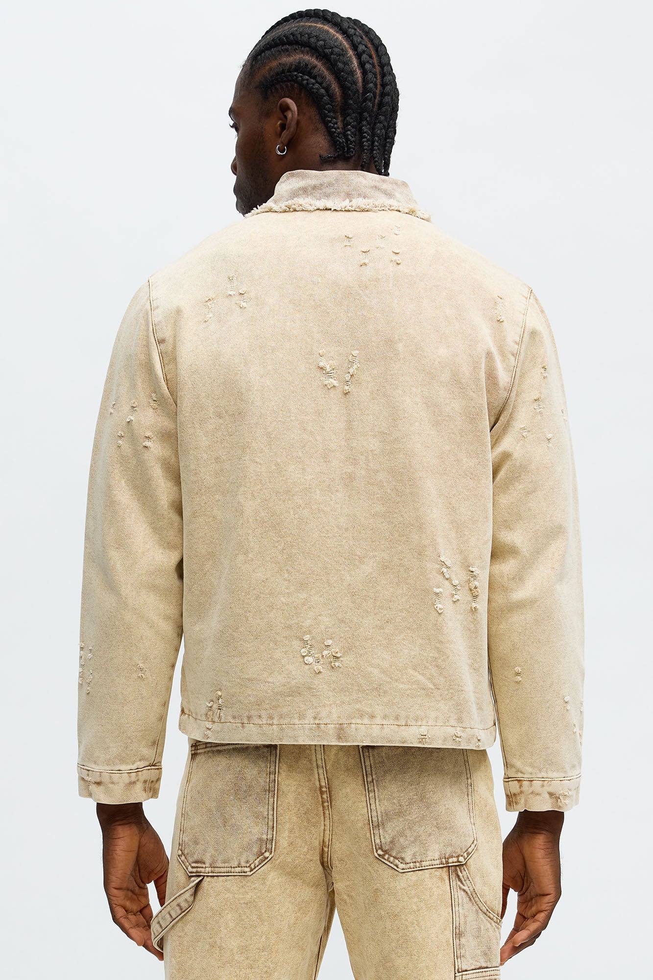 Relaxed Distressed Frayed Work Jacket - Tan