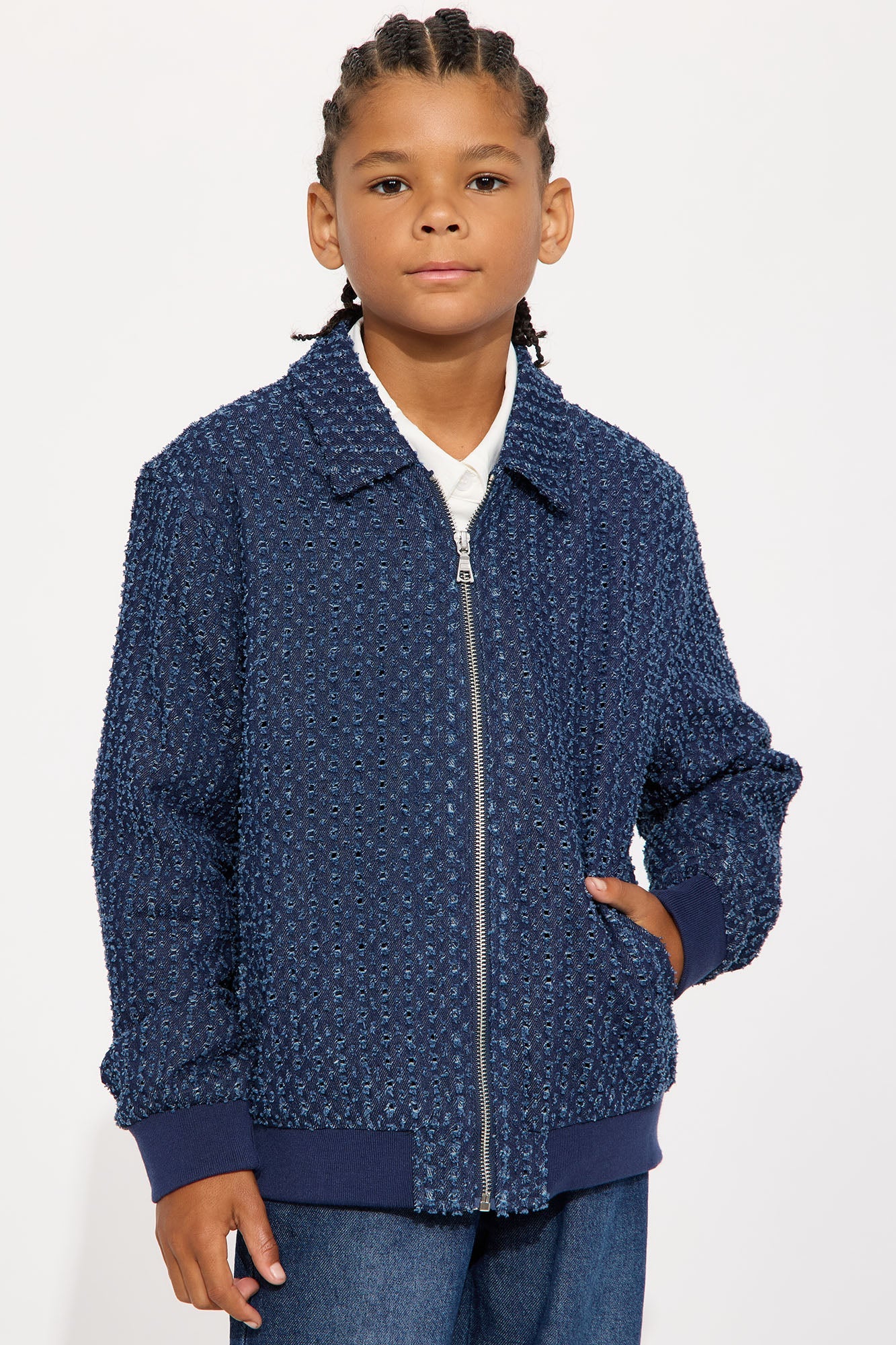 Mini Textured Washed Fray Zip Jacket - Blue/combo