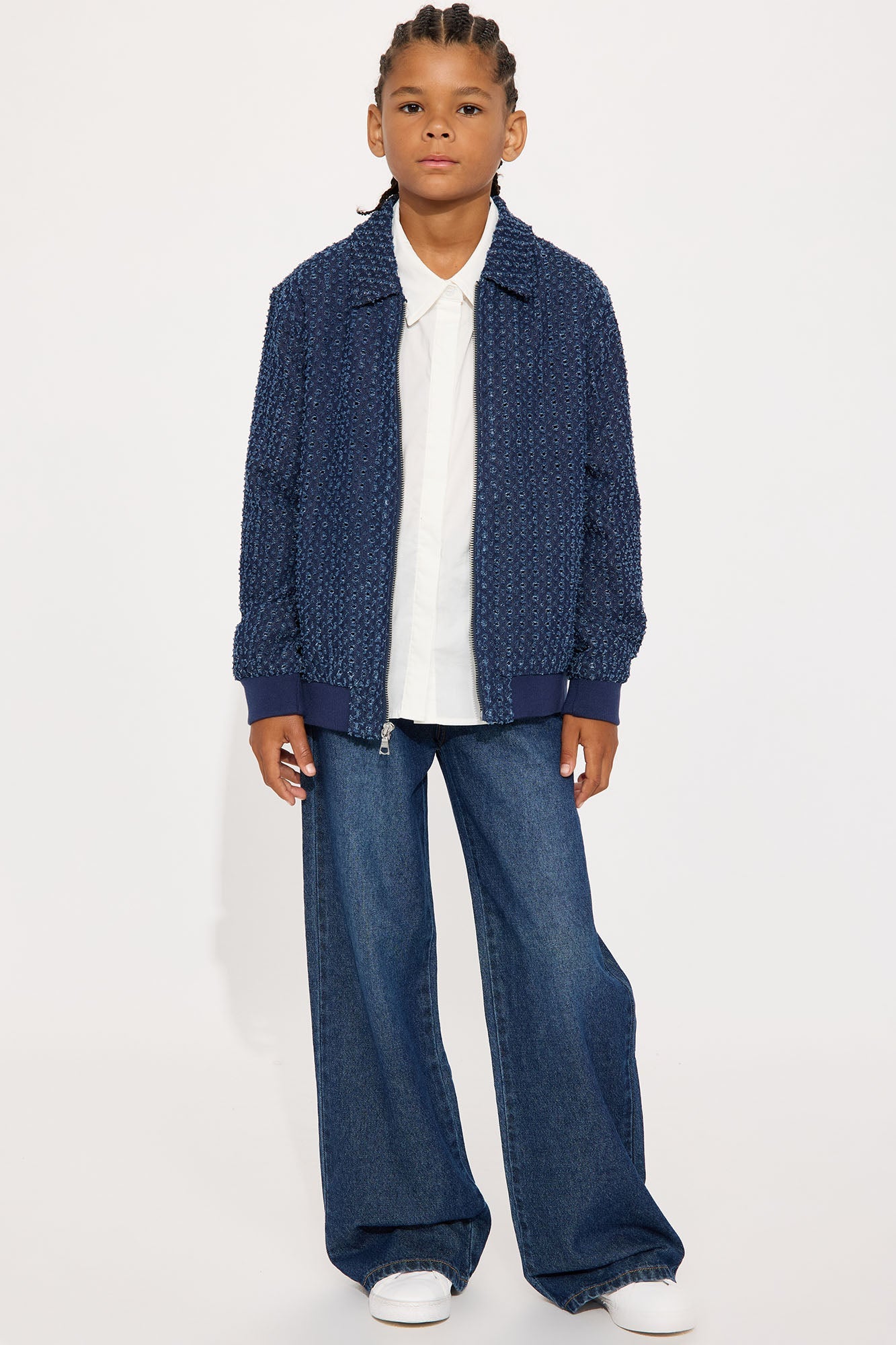 Mini Textured Washed Fray Zip Jacket - Blue/combo