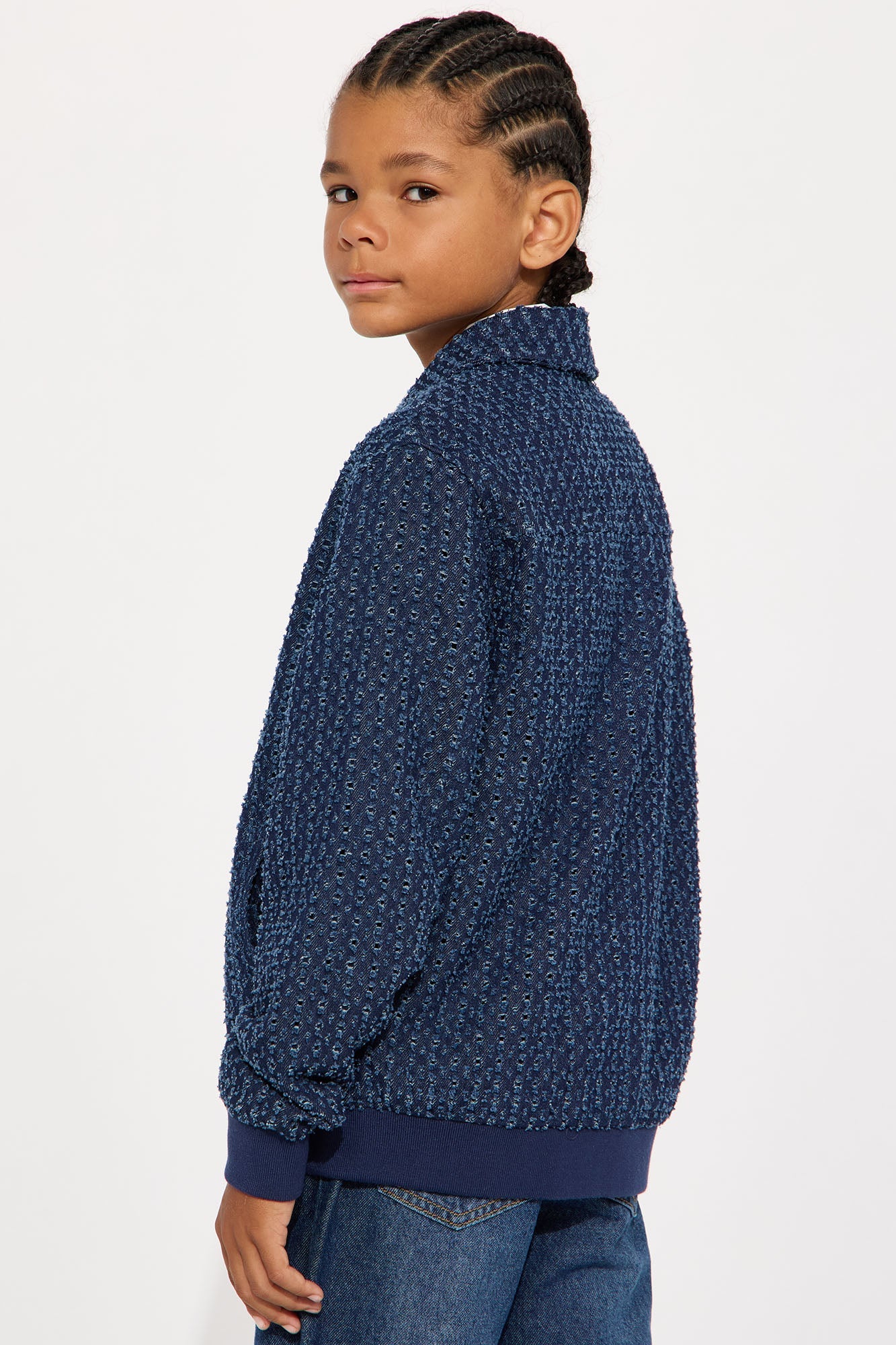 Mini Textured Washed Fray Zip Jacket - Blue/combo