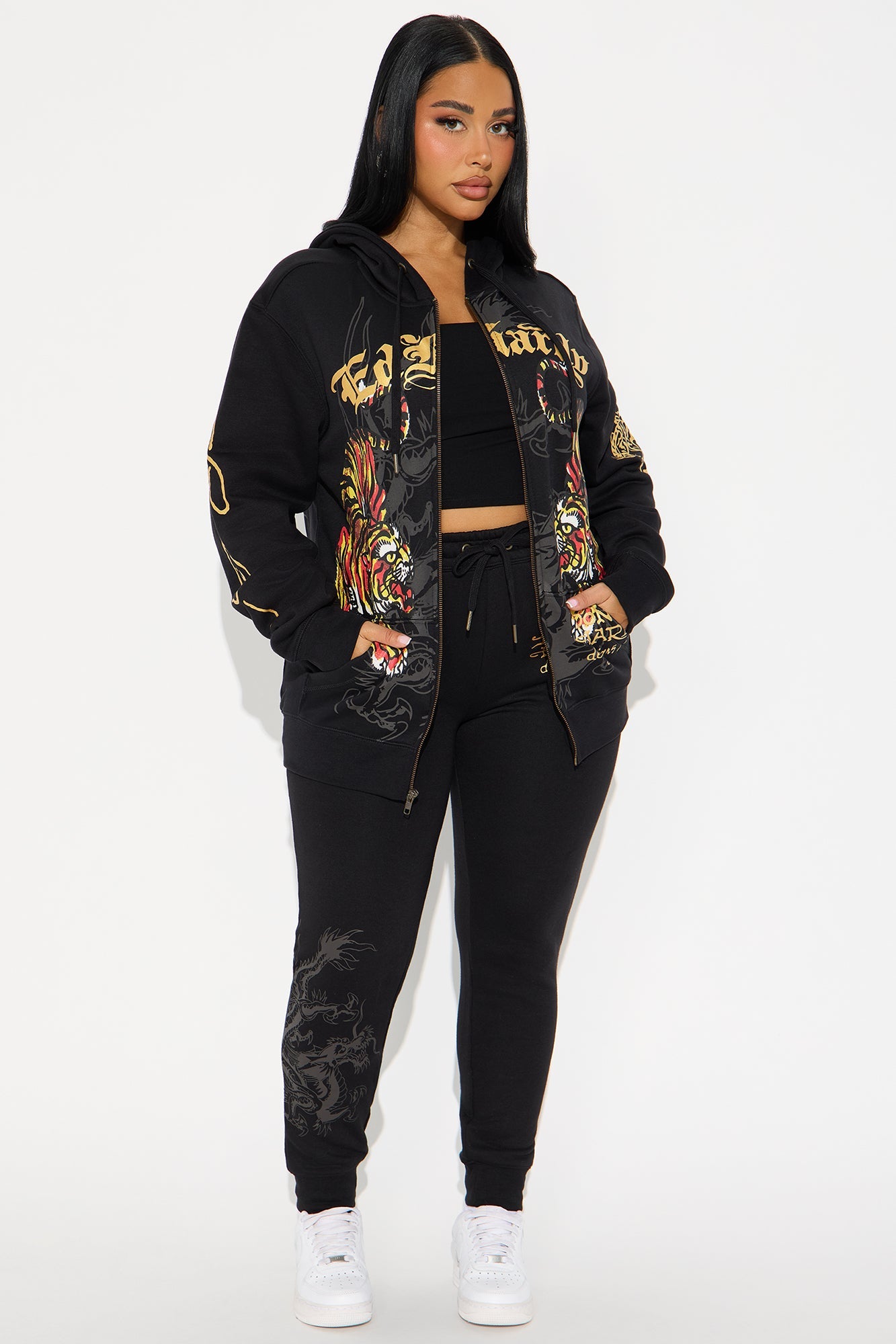 Ed Hardy Deja Vu Tiger Zip Up Hoodie - Black