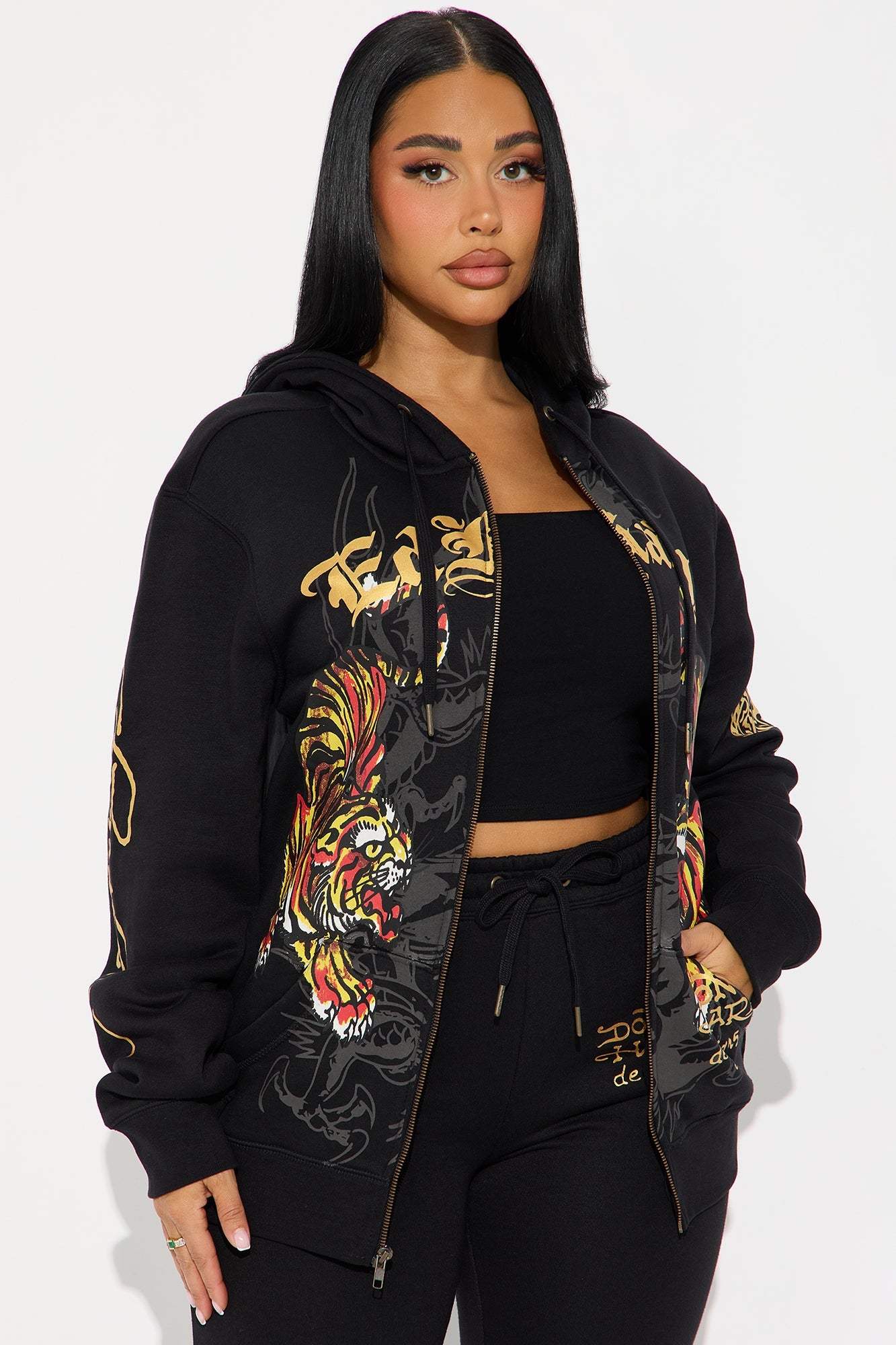 Ed Hardy Deja Vu Tiger Zip Up Hoodie - Black