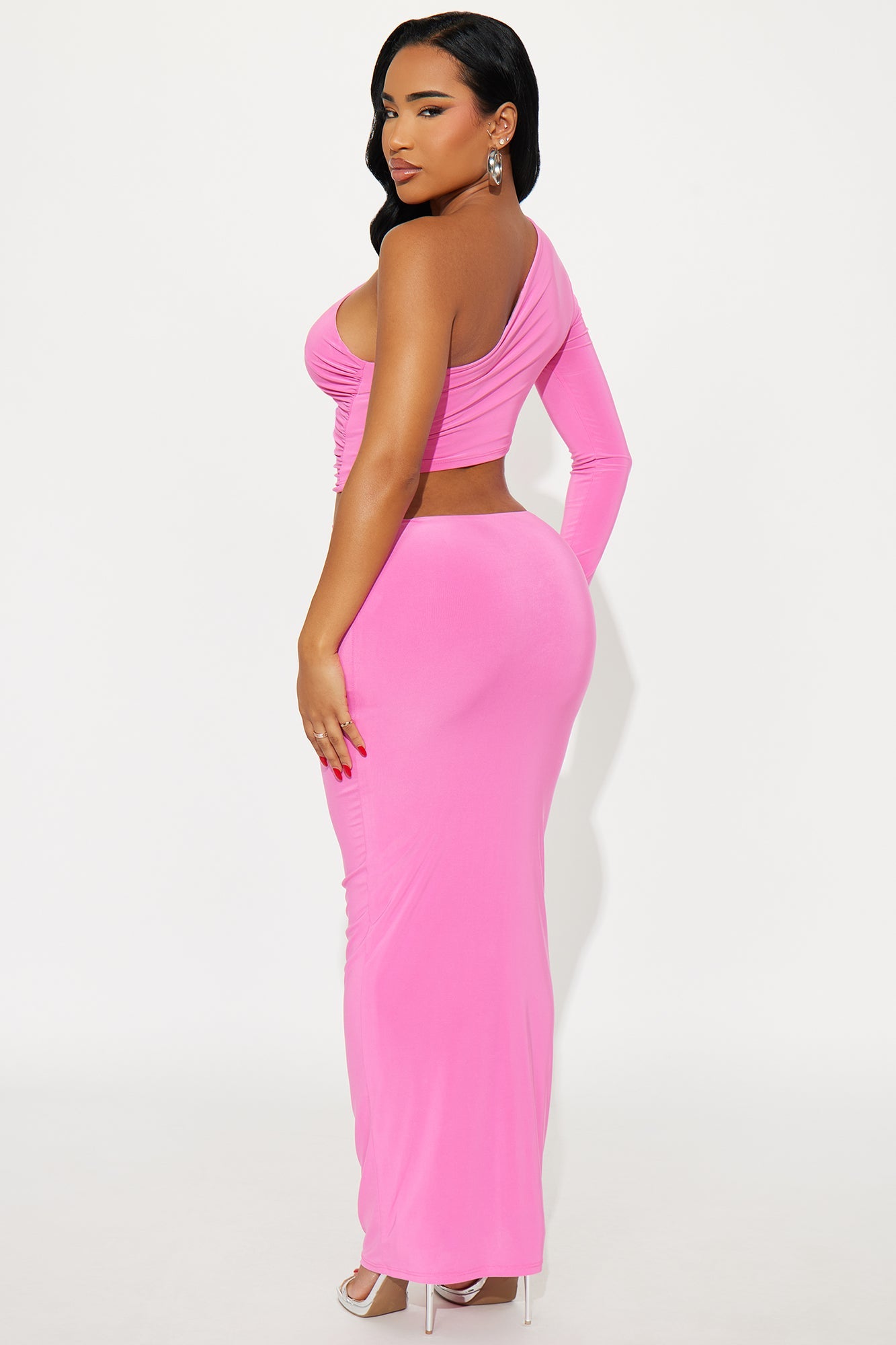 Molly One Shoulder Long Sleeve Skirt Set - Pink