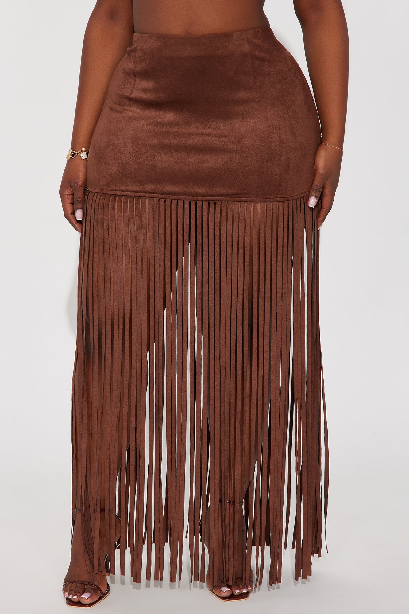 On The Fringe Faux Suede Maxi Skirt - Brown