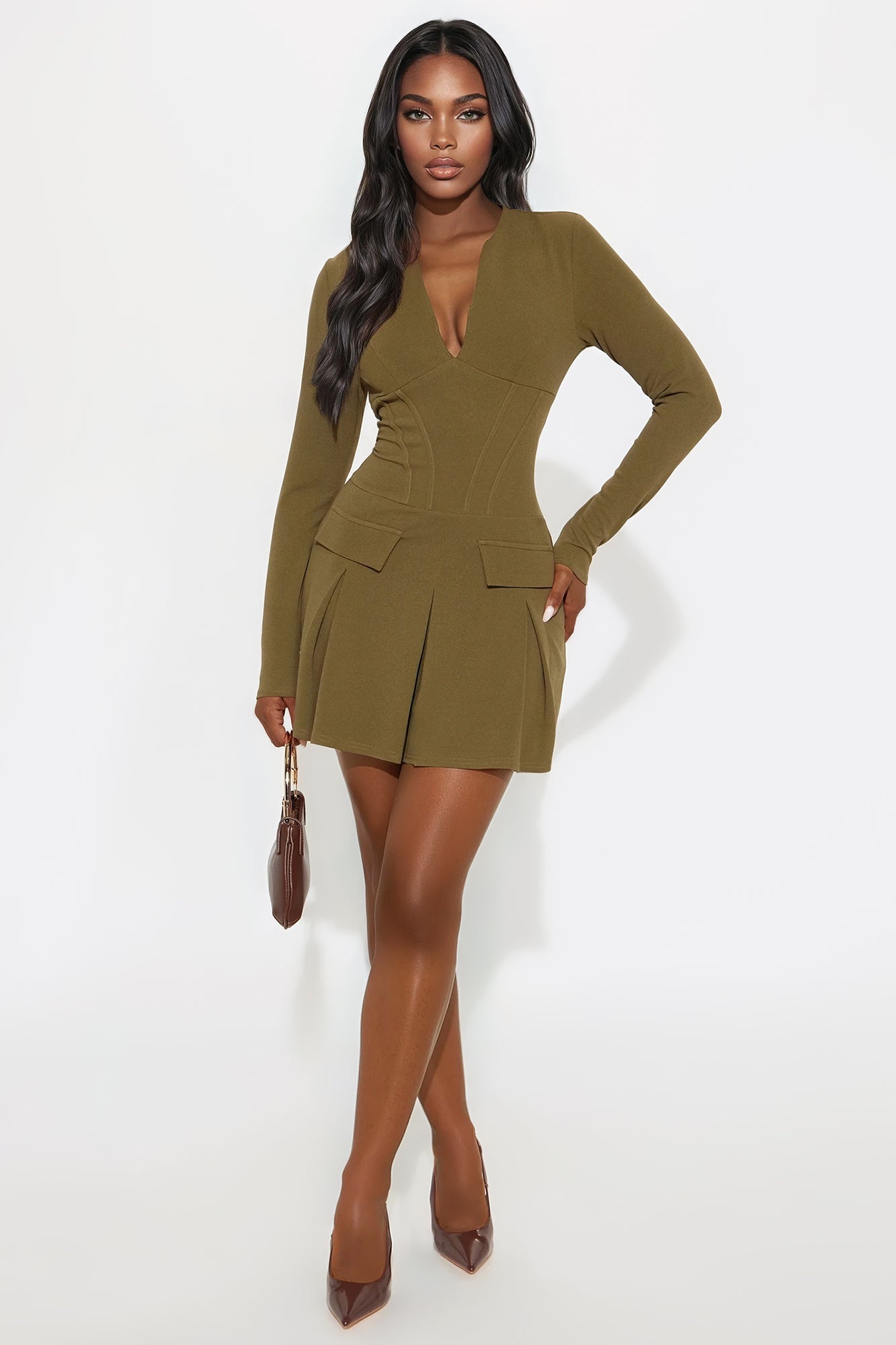 Caprice Pleated Mini Dress - Olive