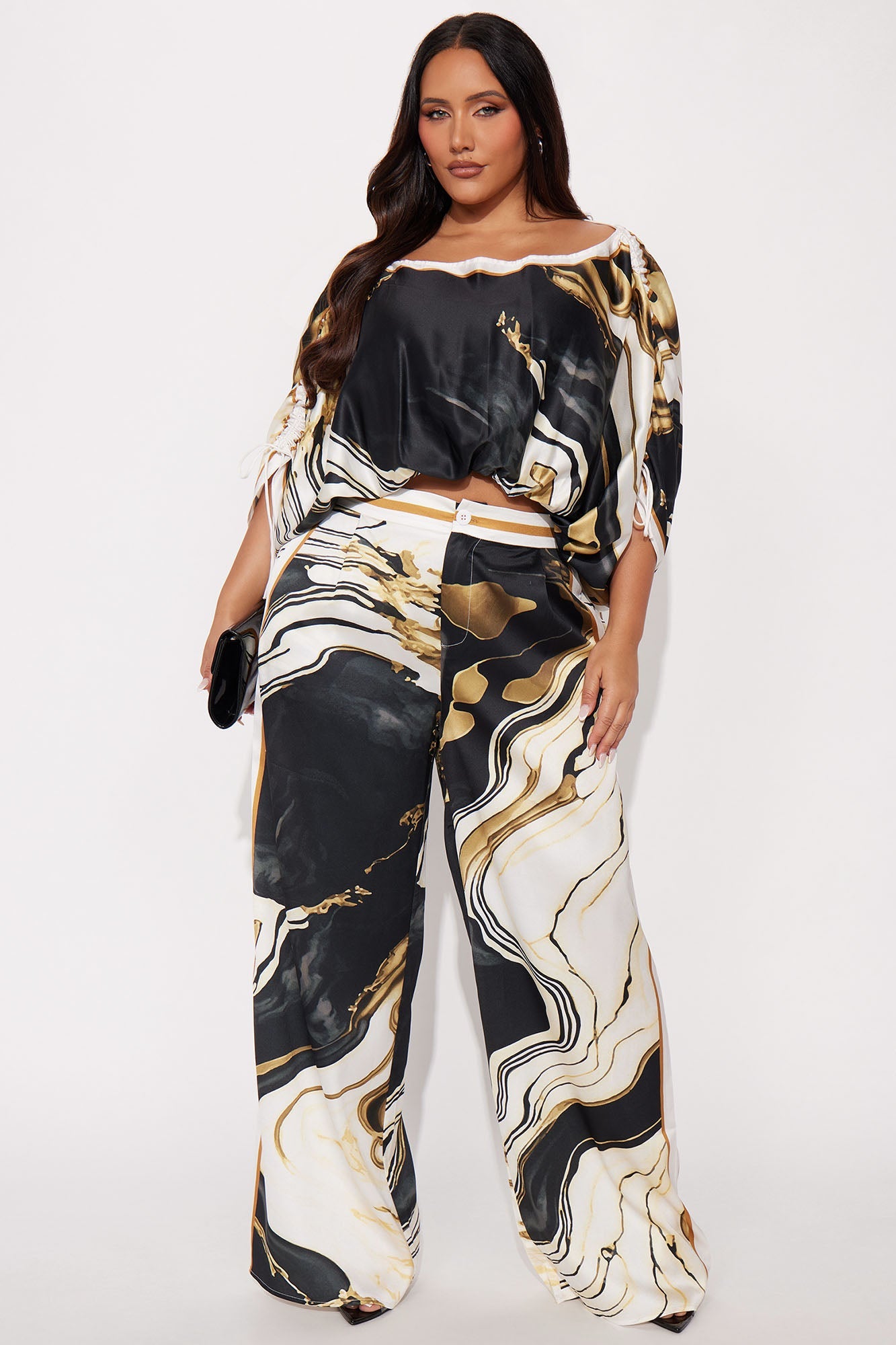 Marlene Off Shoulder Satin Pant Set - Black/combo