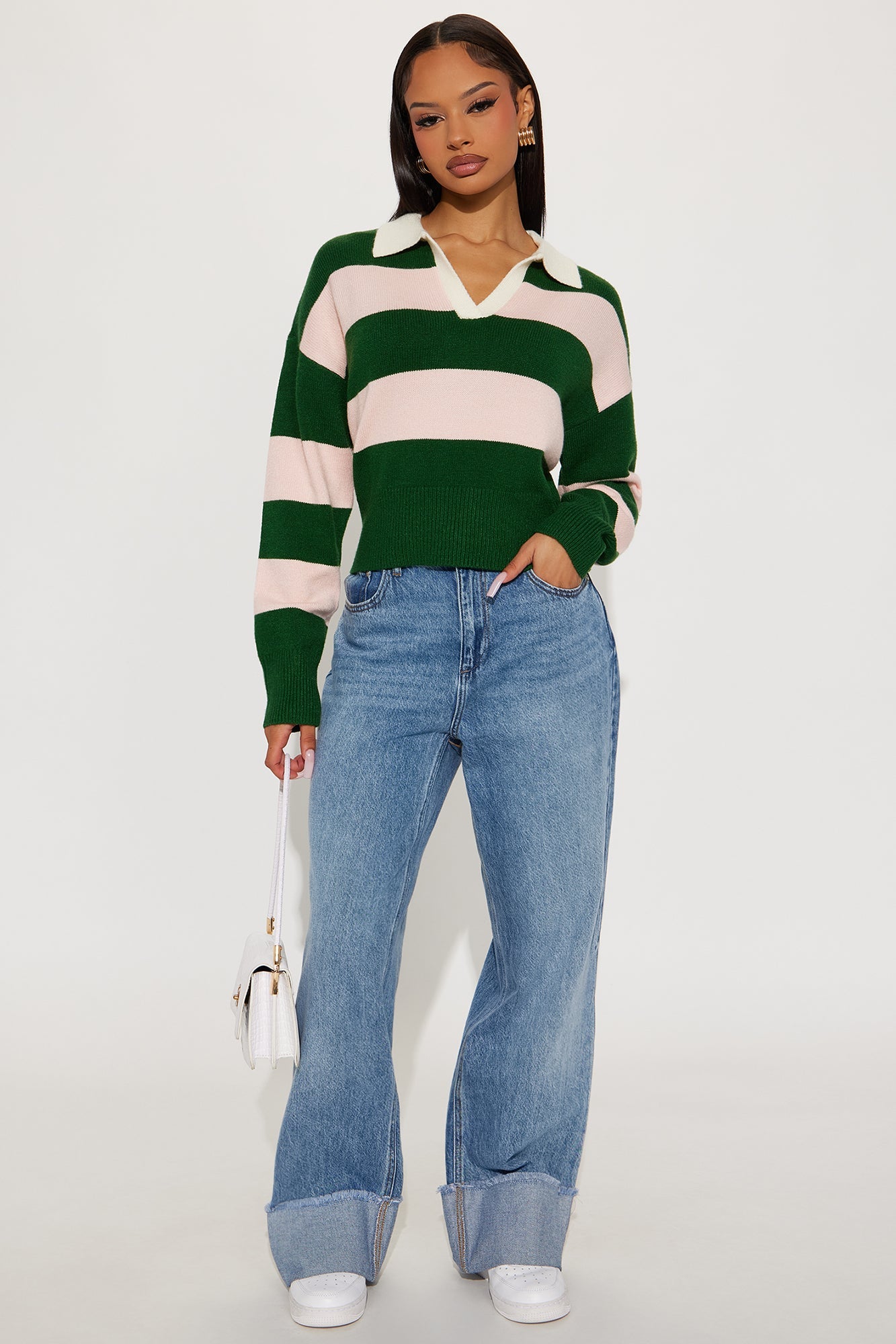 Amara Rugby Stripe Polo Sweater - Green/combo