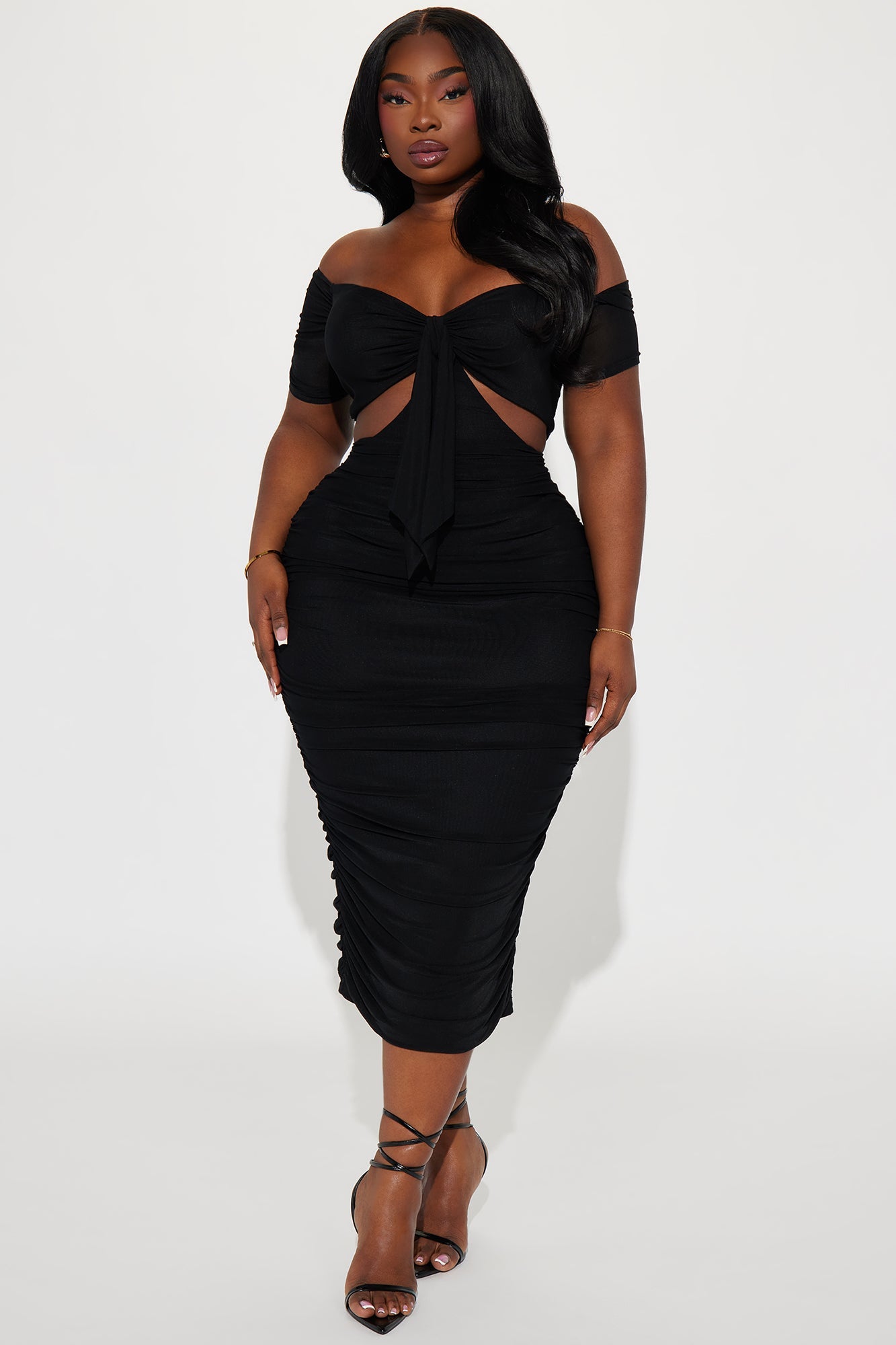 Simple And Sweet Mesh Ruched Dress - Black