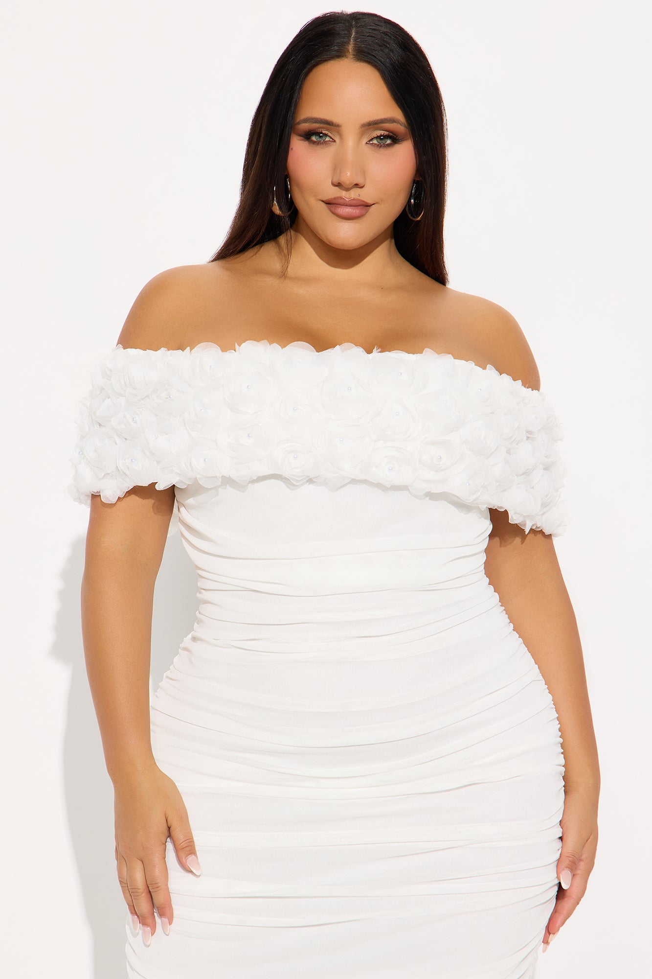 Sarina Ruched Mesh Midi Dress - White