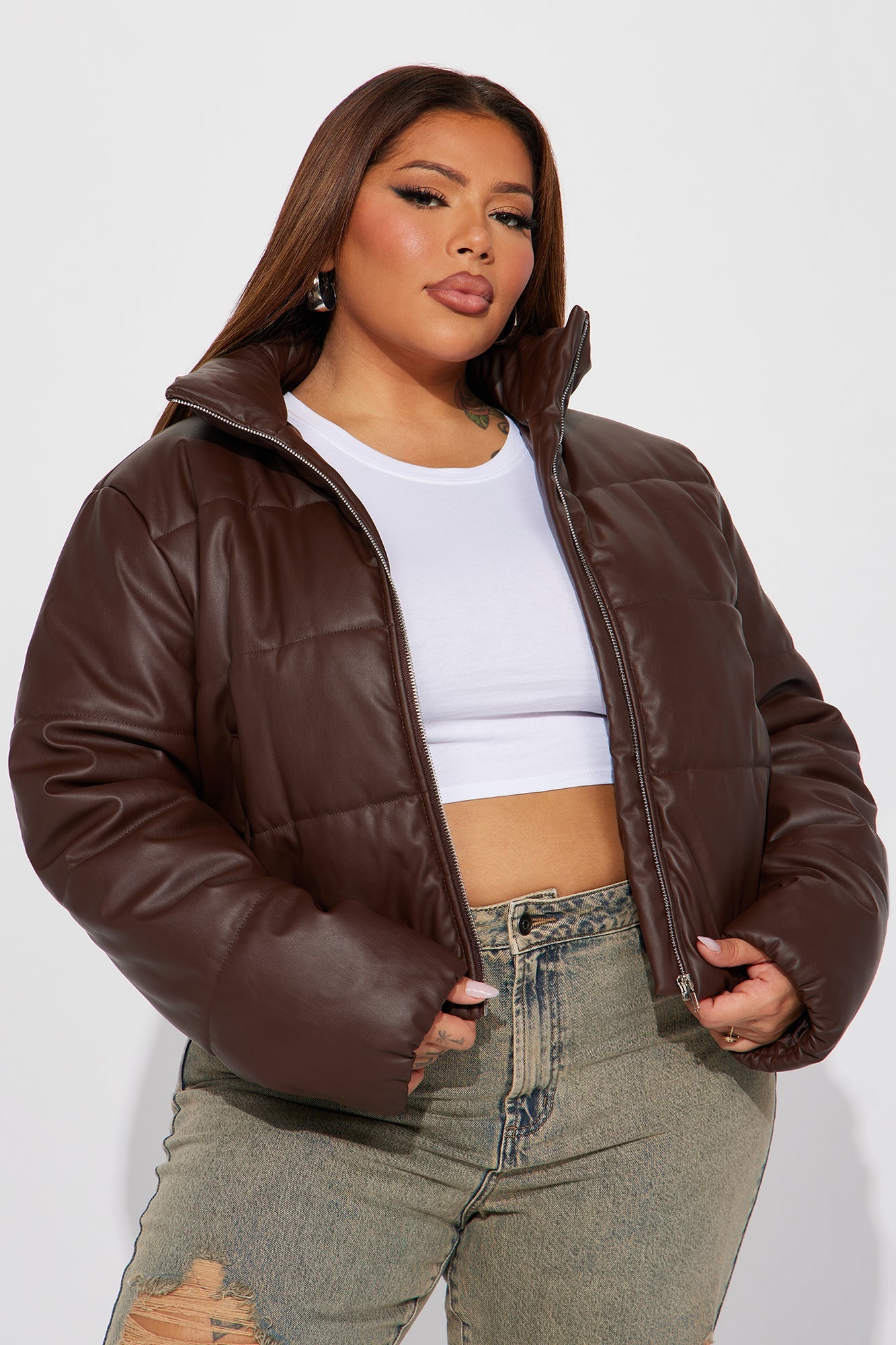 Vixen Faux Leather Puffer Jacket - Brown