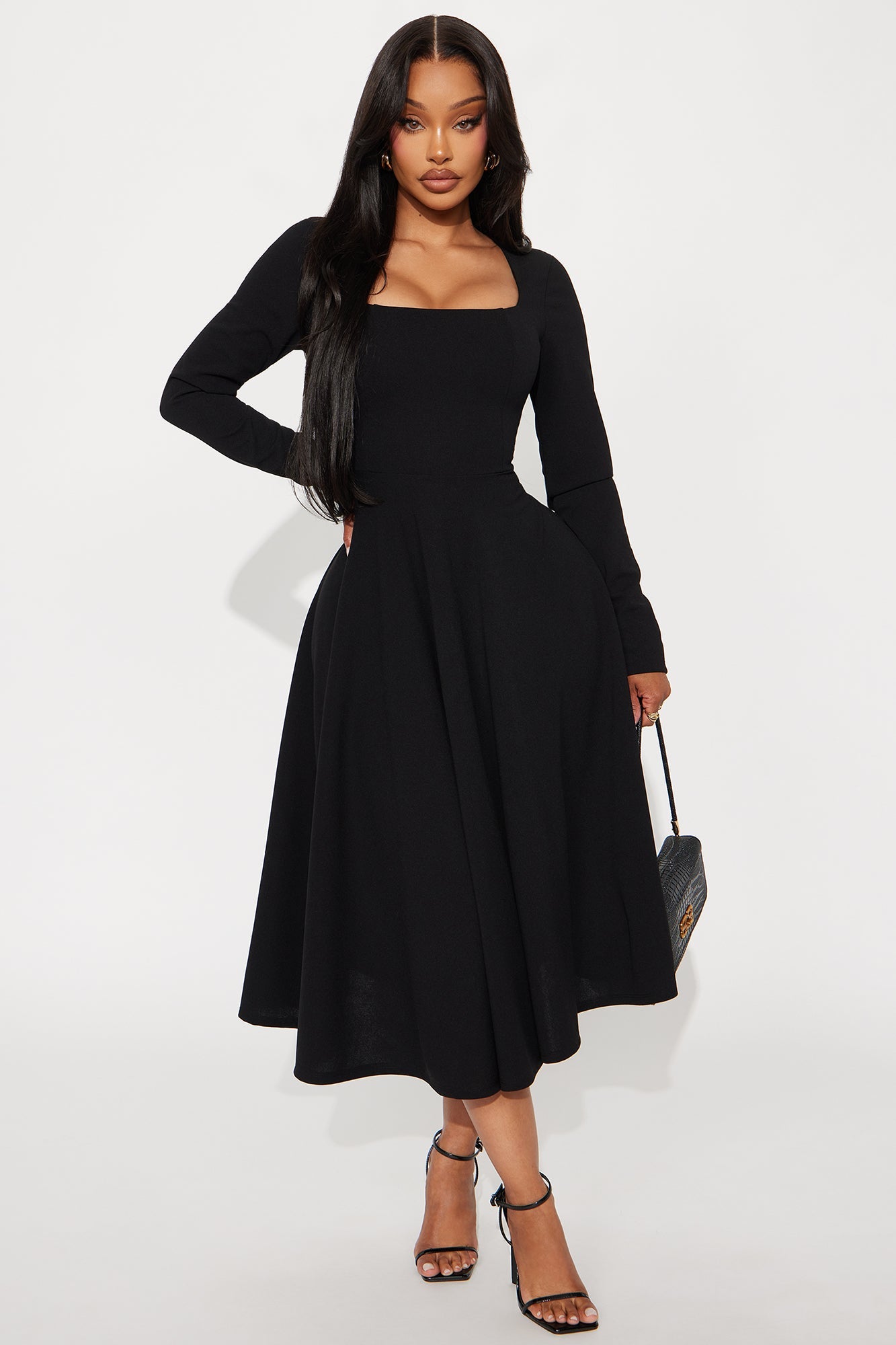 Alena Long Sleeve Midi Dress - Black