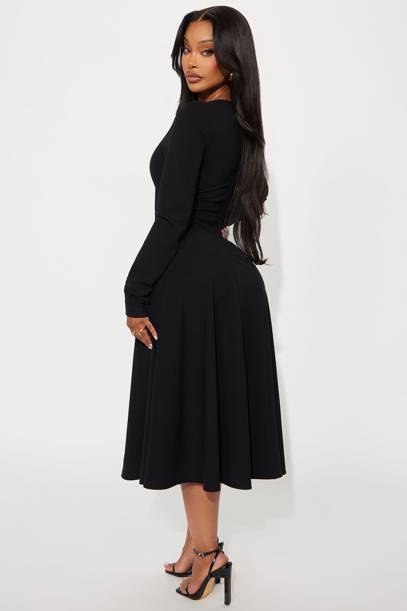 Alena Long Sleeve Midi Dress - Black