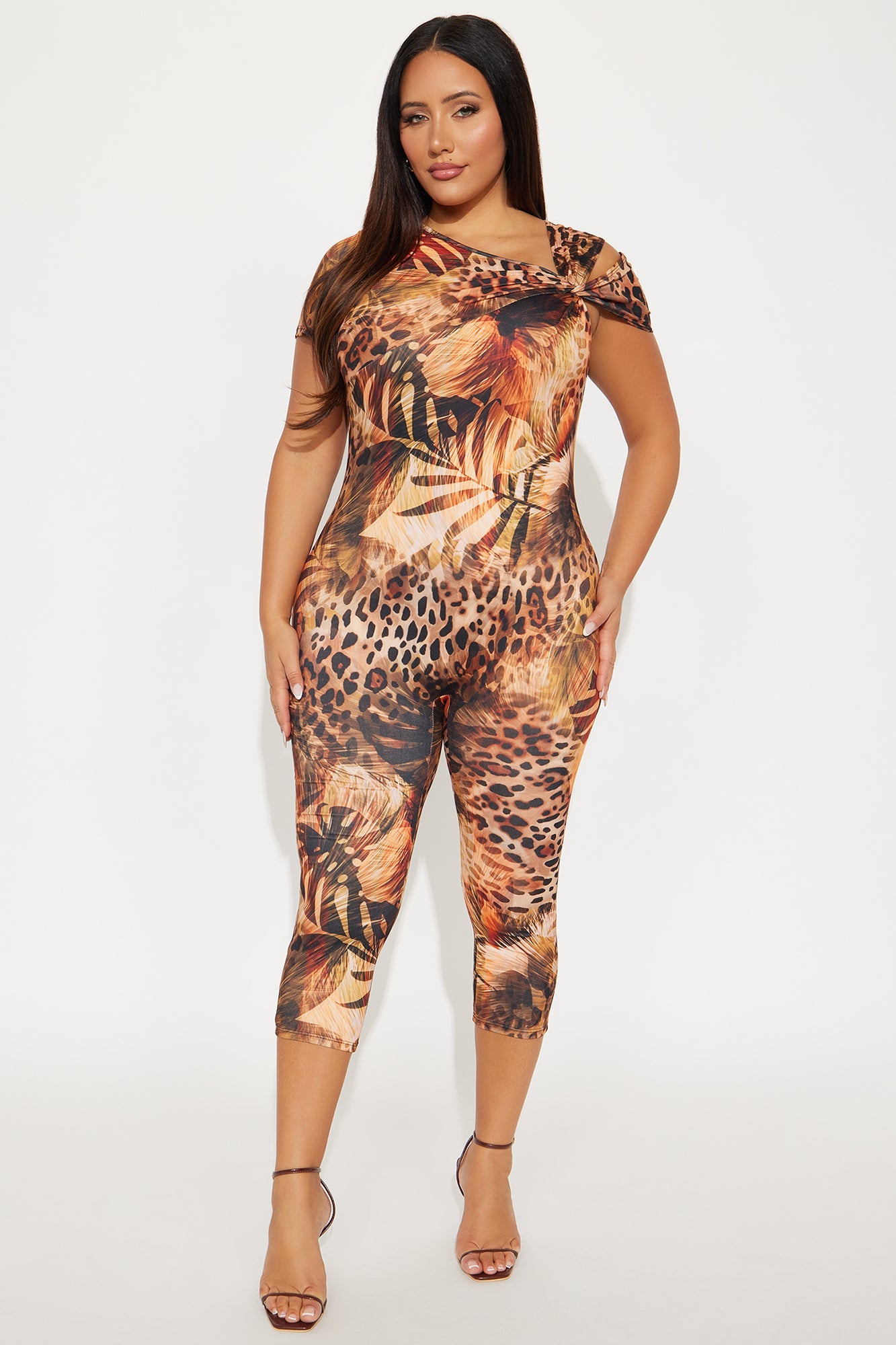 Loretta Short Sleeve Capri Jumpsuit - Brown Combo