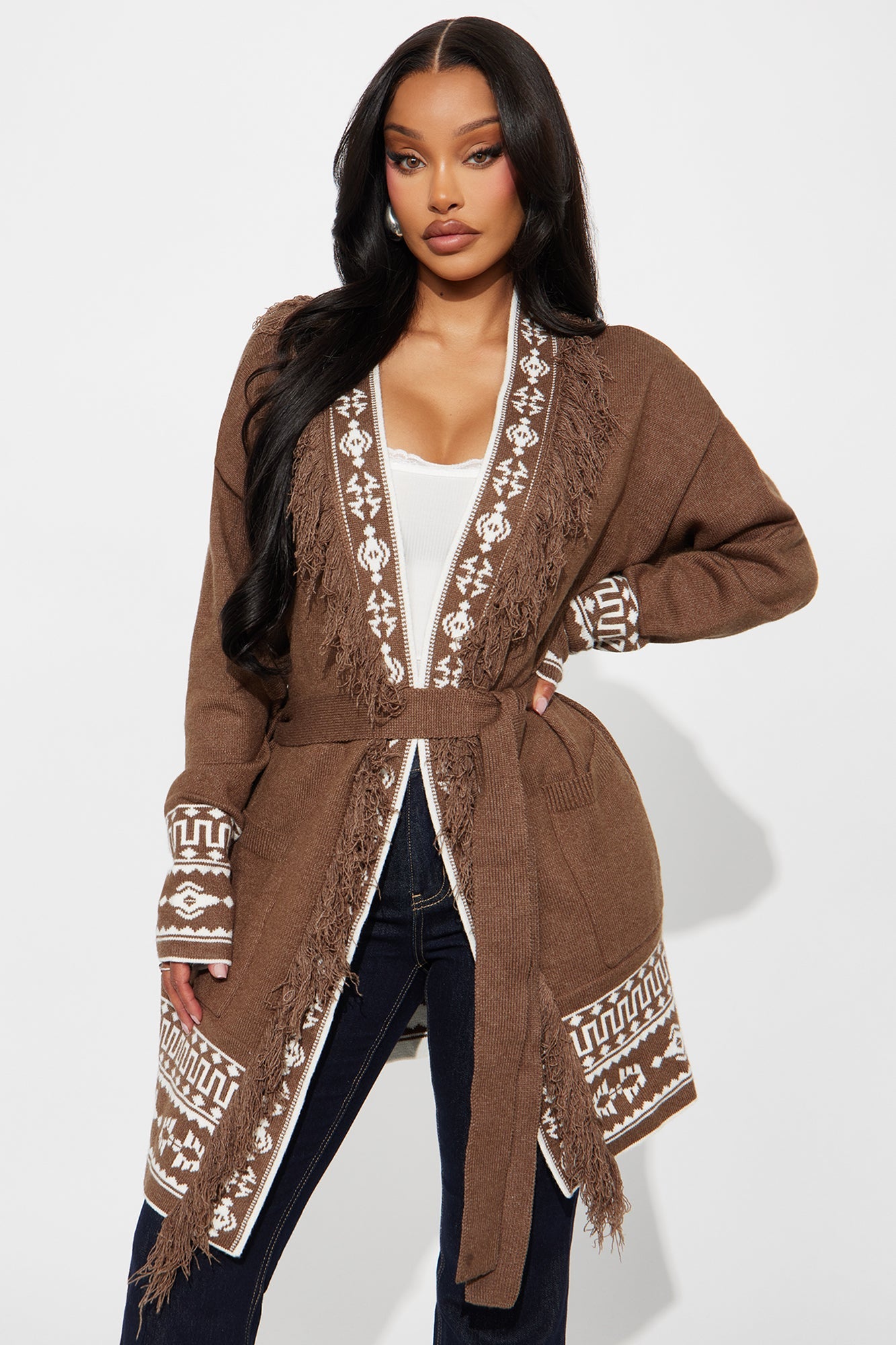 Country Glam Fringe Cardigan - Brown
