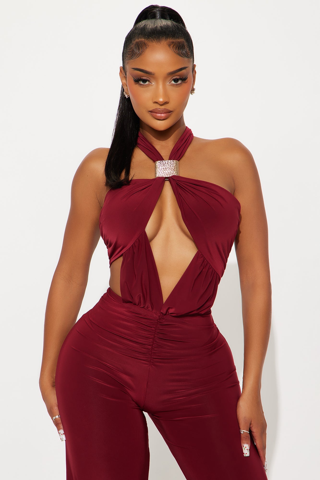 Untouchable Halter Wide Leg Jumpsuit - Burgundy